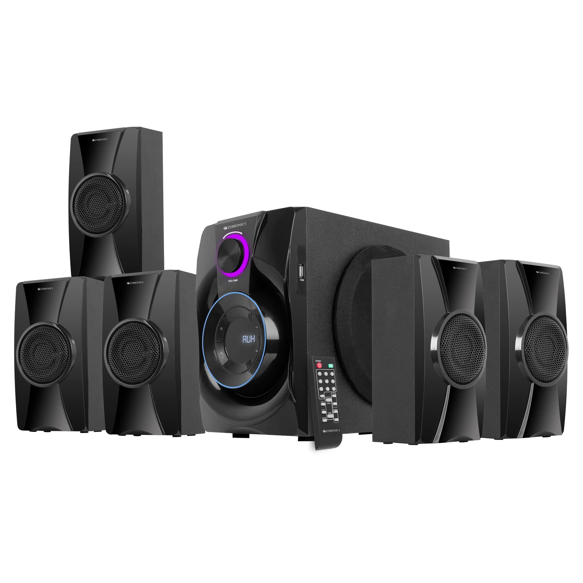 Basso 100 5.1 Home Theater Speaker with 5.25" Subwoofer, 90W RMS Powerful Bass, Bluetooth 5.1, Wall Mount, AC-3 Surround Sound, RGB Ring Light, Remote Control & LED Display