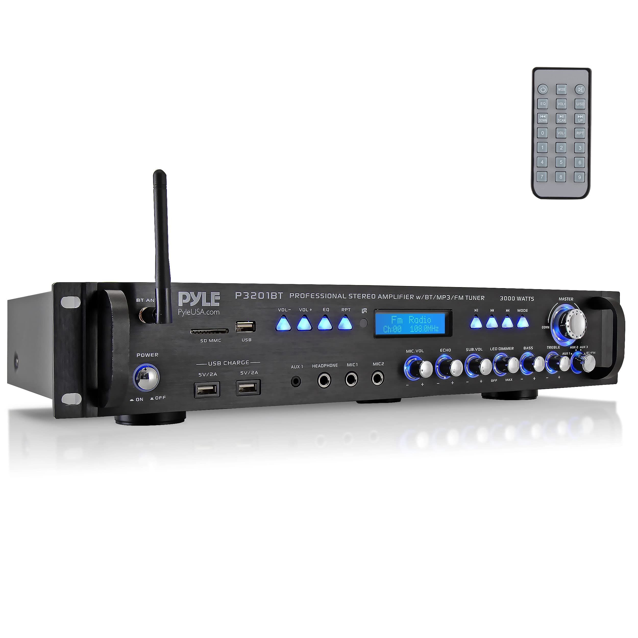 Pyle Multi Channel Bluetooth Preamplifier Receiver - 3000 Watt Audio Home Speaker Sound Stereo w/Radio, USB, Headphone, AUX, RCA, Dual Microphone w/Echo, LED, Wireless Streaming - P3201BT