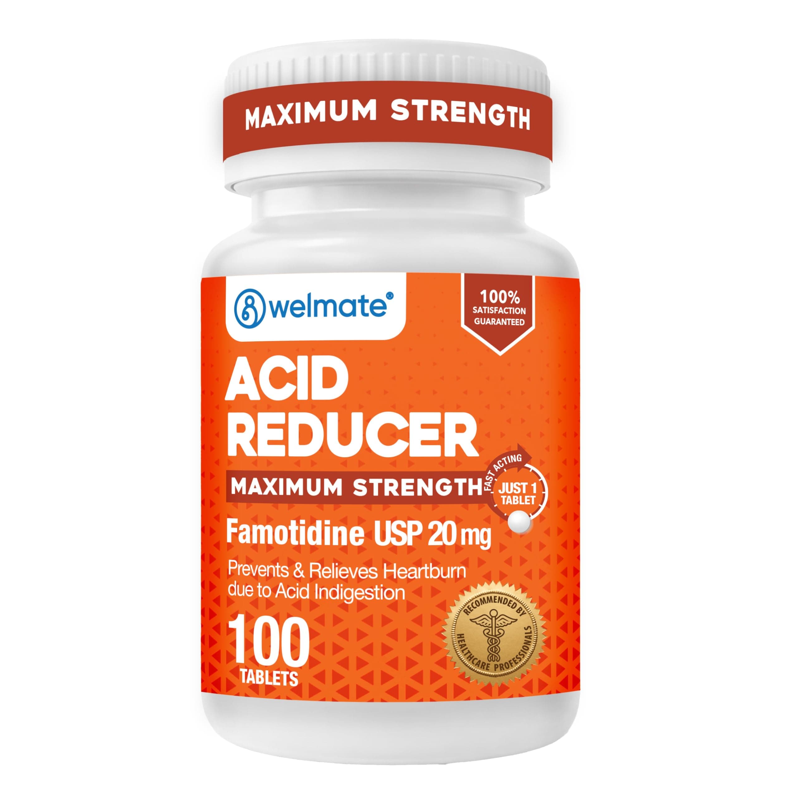 WELMATE - Famotidine Acid Reducer, 20mg - Maximum Strength - Heartburn Relief - Acid Indigestion - Stomach Relief - Works in 15 Minutes, 12 Hour Relief - Generic Medication - Value Size - 100 Tablets