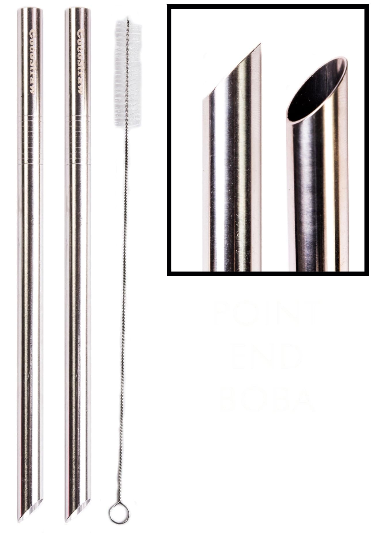 2 POINT END BOBA Straw Stainless Steel Extra Wide 1/2" x 9.5" Long Tapioca Pearl Bubble Tea Thick FAT - CocoStraw Brand (2 Point End Boba)