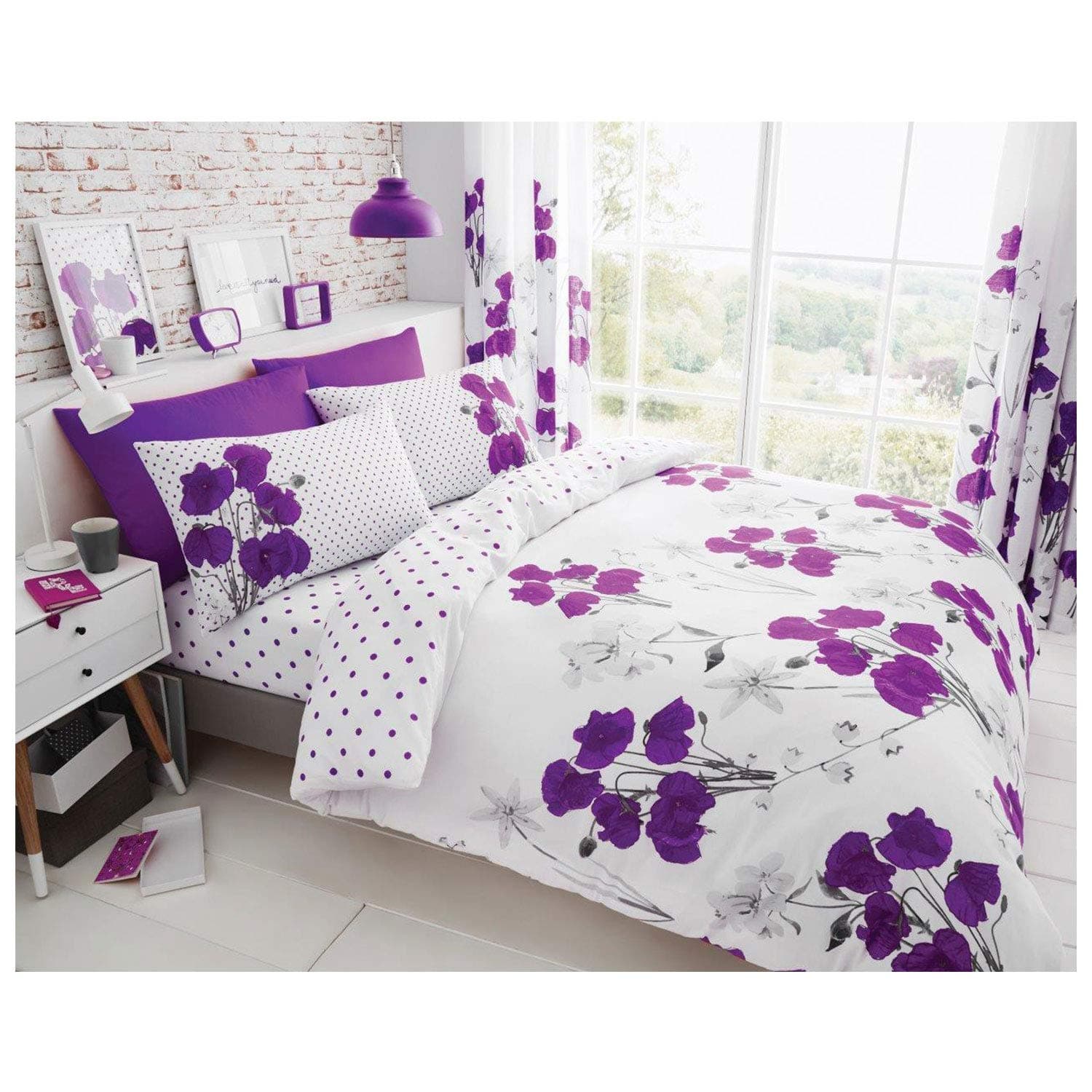 Lions Floral Bedding Set, King Size Bed Duvet Cover with Pillowcase, Luxury Printed Reversible Soft Quilt Covers, Ultra Soft Polyester-Cotton, 220x230cm Aubergine