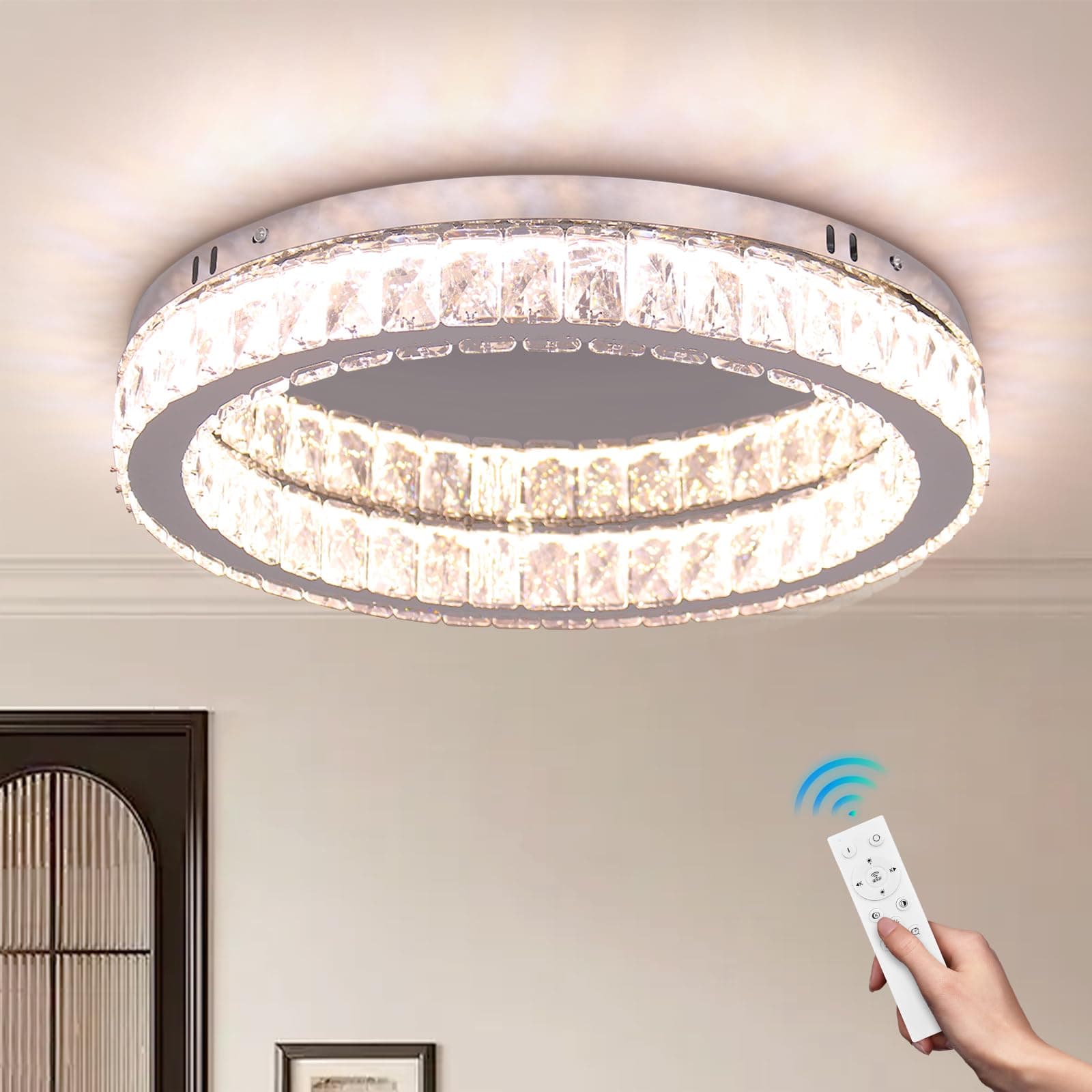 Finktonglan Dimmable Crystal LED Flush Mount Ceiling Light, 17.7" Modern Round Low Profile Chandelier, 48W, Remote, 3000–6500K Tunable White, K9 Crystal & Stainless Steel for Living Room Dining Room