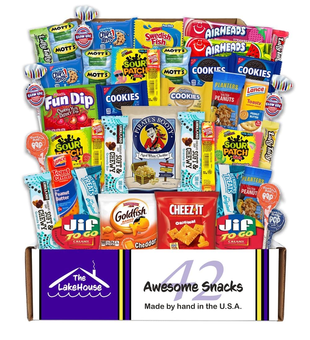 Snacks Variety Pack For Kids - 42 Count Snack Packs Box Camp Care Package Girl Or Boy Salty Sweet Candy Gift Baskets By The Lakehouse