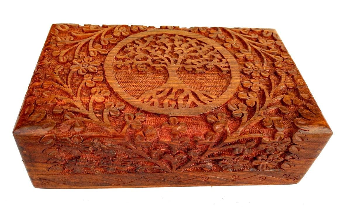 Ajuny Wooden Indian Handmade Carving Box Tree of Life Jewelry Storage Holder For Women 8x5x2.5 Inch