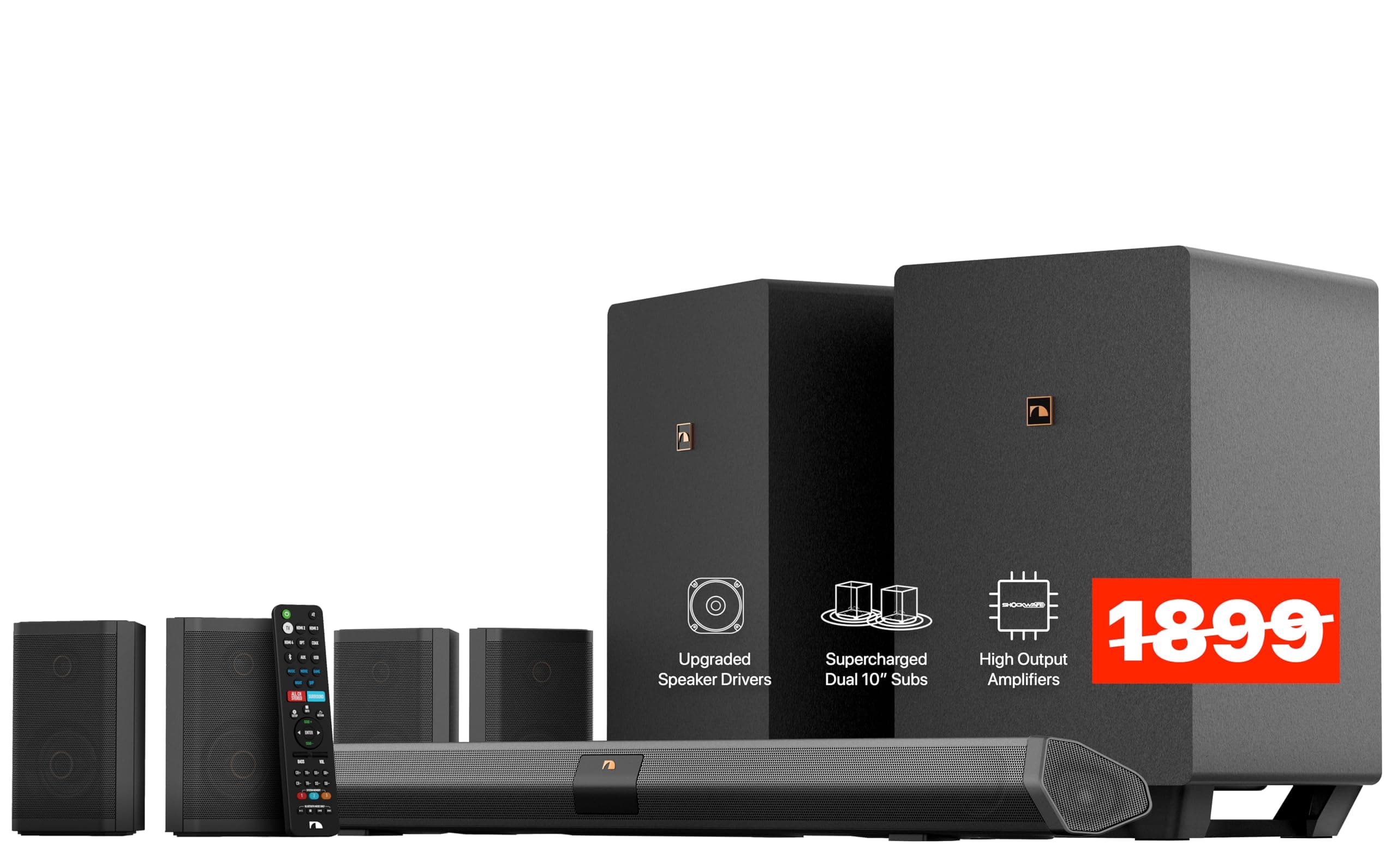 Nakamichi Shockwafe Ultra 9.2.4 Channel Dolby Atmos/DTS:X Soundbar with Dual 10" Subwoofers (Wireless), 4 Rear Surround Effects Speakers, eARC and SSE Max Technology (2022)