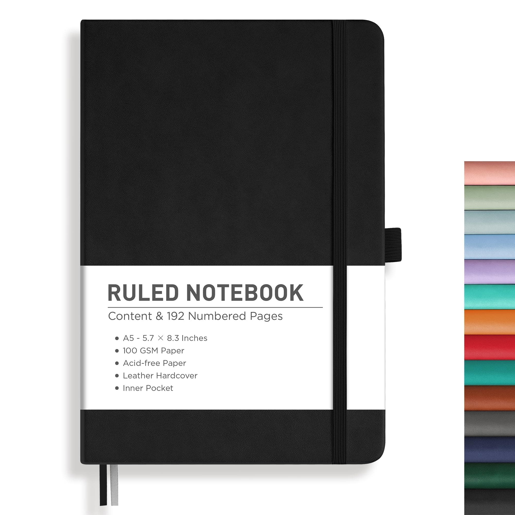 RETTACY Lined Journal Notebook, 192 Numbered Pages, A5 Medium Size (5.7'' x 8.3''), for Men & Women, Journaling, Writing, Work & Office, Leather Hardcover, 100 GSM Thick Paper (Black)