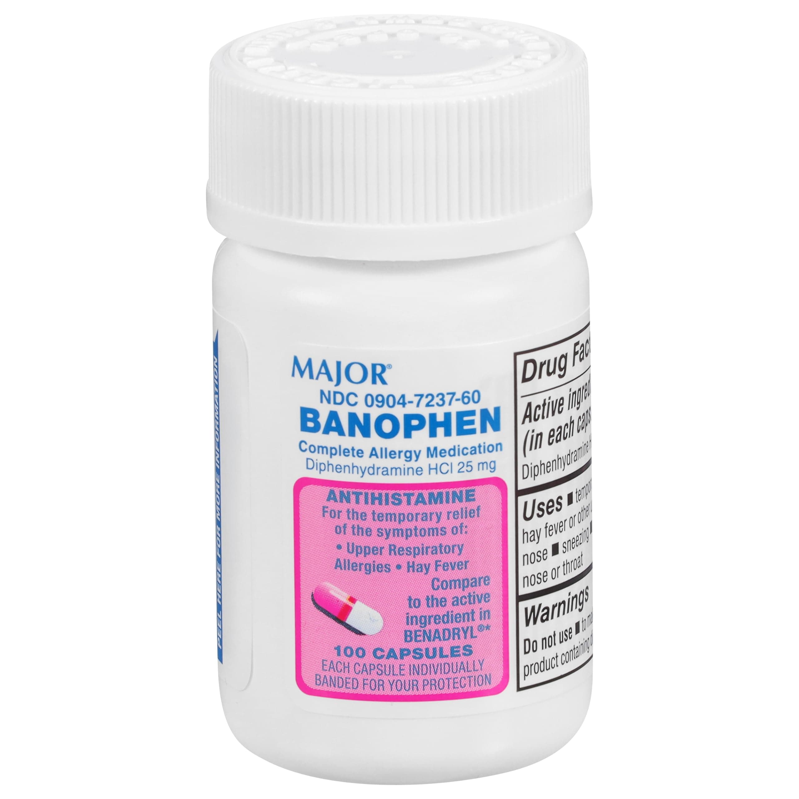 MAJOR Banophen Diphenhydramine HCI 25 mg Capsules - Temporarily Relief from The Symptoms of Hay Fever and Upper Respiratory Allergies - Antihistamine - Allergy Medicine - 100 Count (1 Pack)
