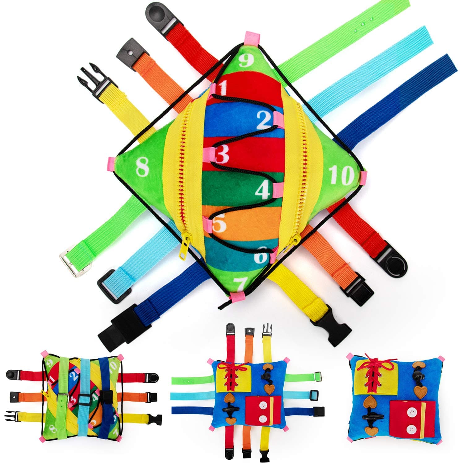 Sensory Buckle Pillow Toys for Toddlers,Travel Toys for Toddlers 1-3 Learning Fine Motor Skill & Problem Solving,Montessori Sensory Fidgets for Kids Threading Counting Zipper-12 Basic Skill