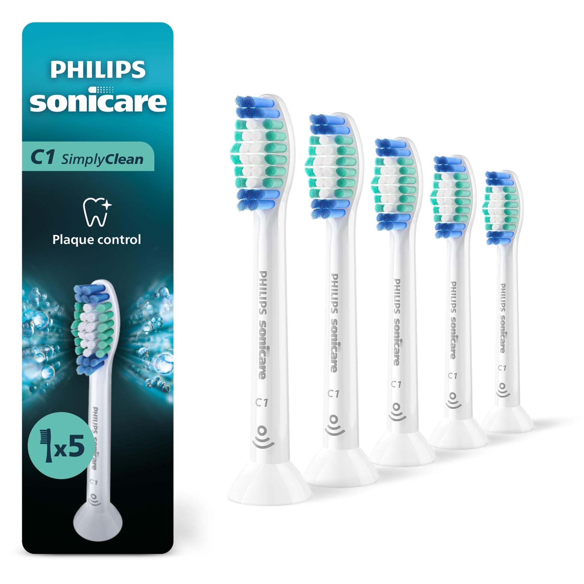 SONICARE Genuine Philips Simply Clean Replacement Toothbrush Heads, 5 Pack, HX6015/03