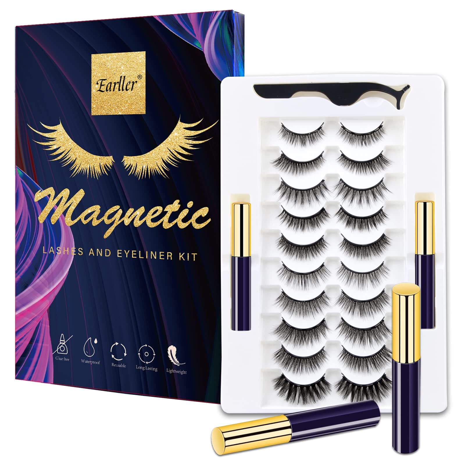 Magnetic Eyelashes with Eyeliner Kit,10 Pairs Natural Look False Lashes with Applicator - Easy to Apply and No Glue Needed, 3D & 5D Reusable Short and Long Eyelashes Set