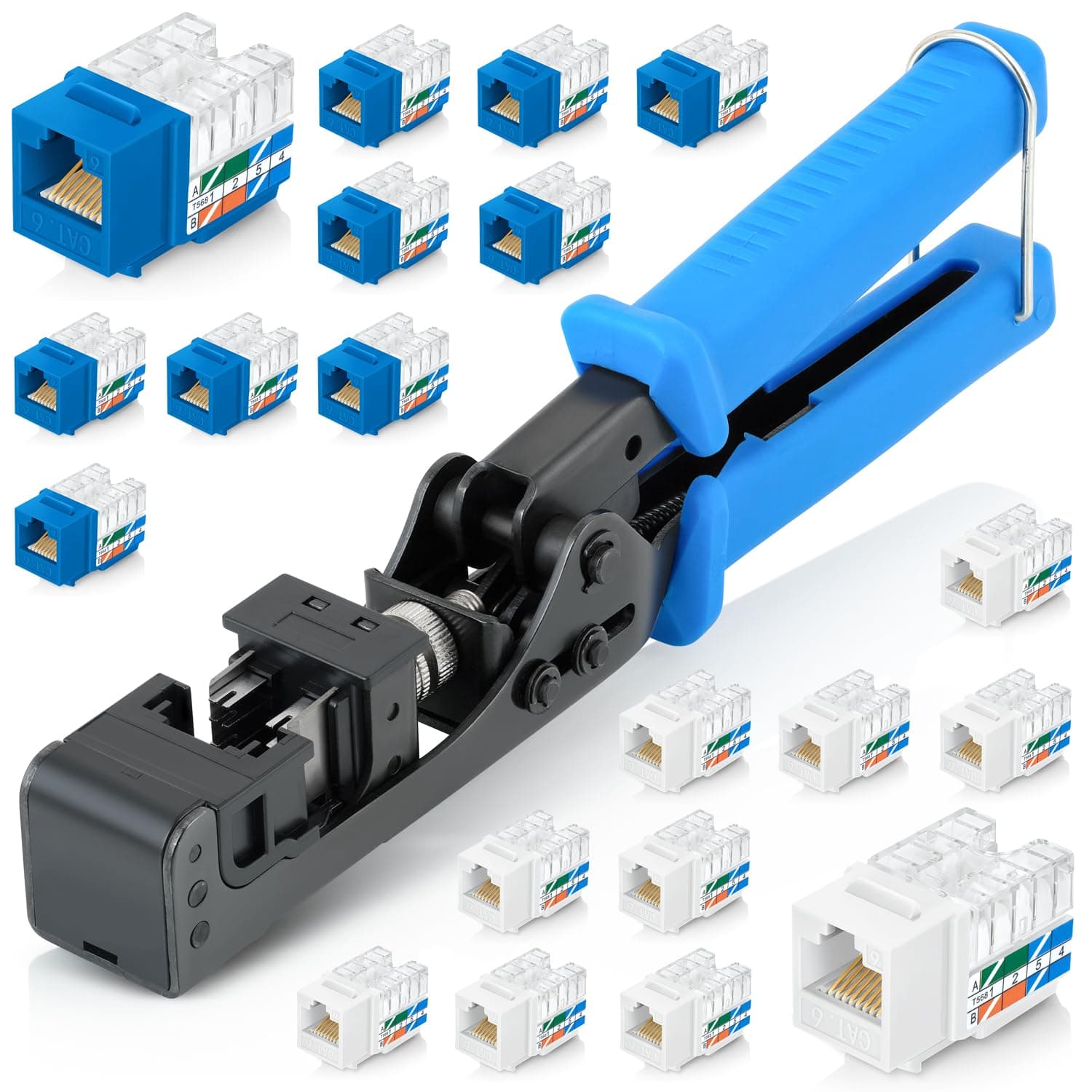 Everest easyJACK - 90� Angled Speed Termination Keystone Tool Set - with 20-Pack of RJ45 Slim Profile Cat6 Keystone Jacks (10 Blue & 10 White) - Time Saver Network Cat6 Punchdown Tool
