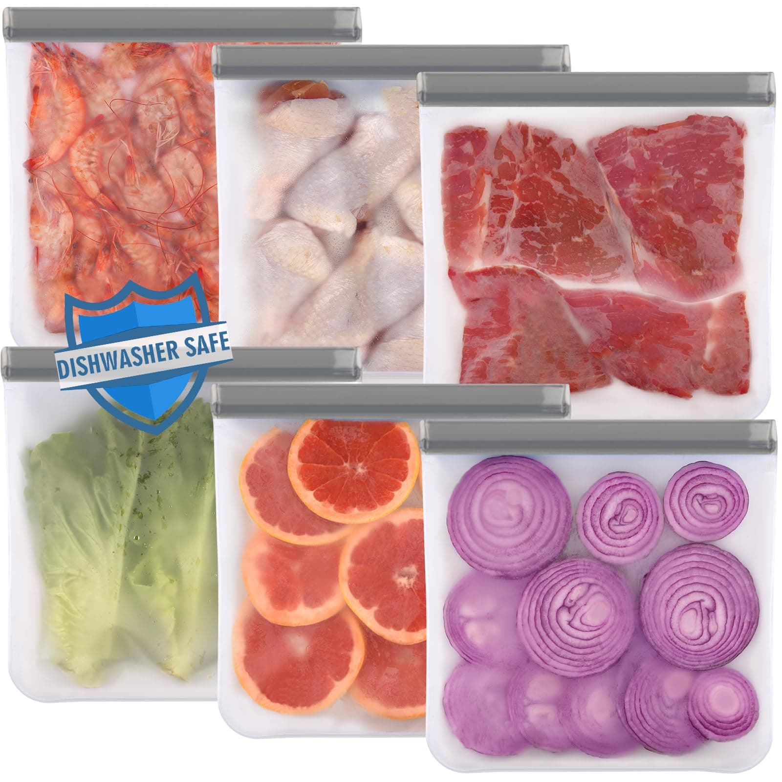 Lerine 6 Pack Reusable Gallon Freezer Bags Dishwasher Safe, BPA Free Reusable 1 Gallon Bags, Leakproof Food Storage Bags for Marinate Meats, Cereal, Vegetables, Home Organization(Gray, 6Gallon)