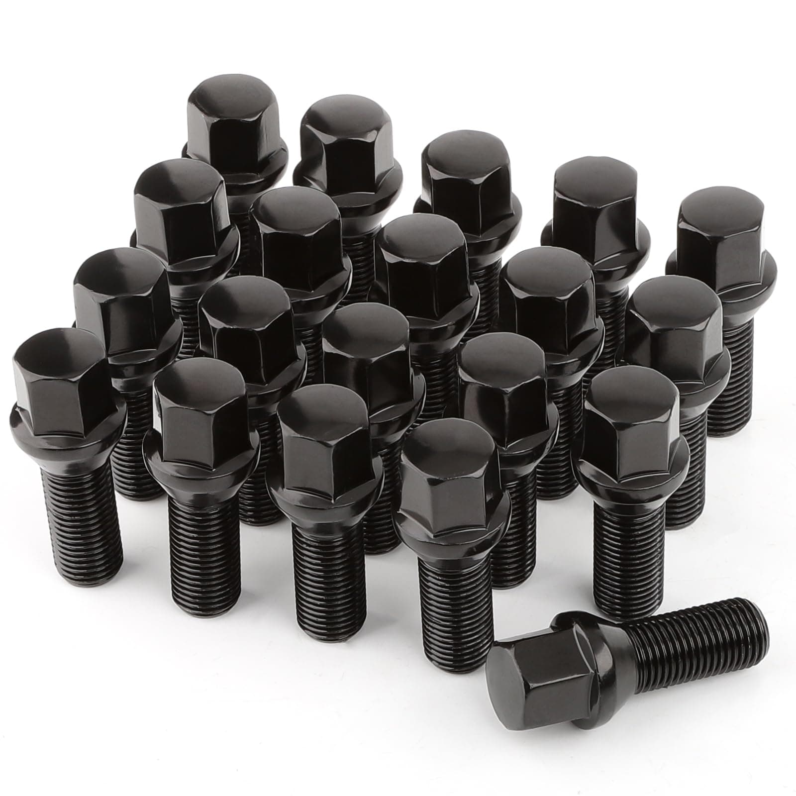 GAsupply 20pcs Tapered Seat Alloy Wheel Bolts | M12x1.5, 28mm Thread, 17mm Hex | Replacement Bolt Kit for Most BMW (Black)