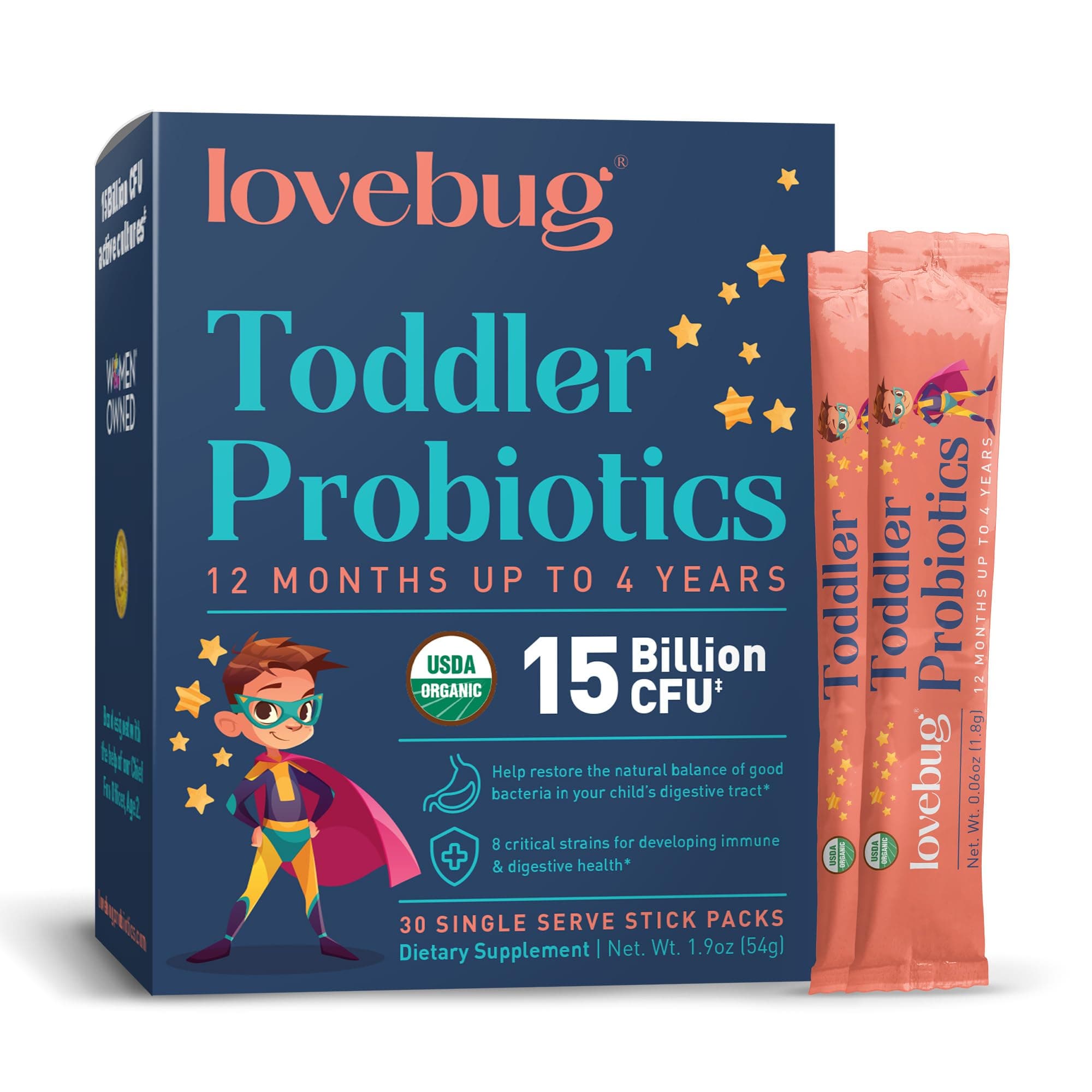 LoveBug Probiotics Award Winning | Constipation & Stomach Discomfort | Softer Bowel Movements | Easy-to-Take Powder | Ages 12 Months to 4 Years | 30 Packets