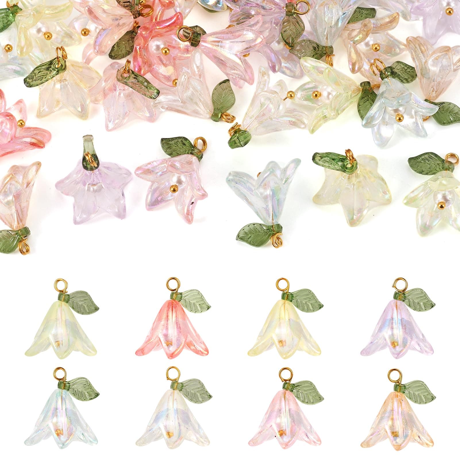 Cheriswelry 32Pcs Acrylic Flower Pendants Lily Floral Plastic Dangle Charms with Pearl Beads 20mm 8 Colors for DIY Crafts Necklace Earring Jewelry Making Decoration