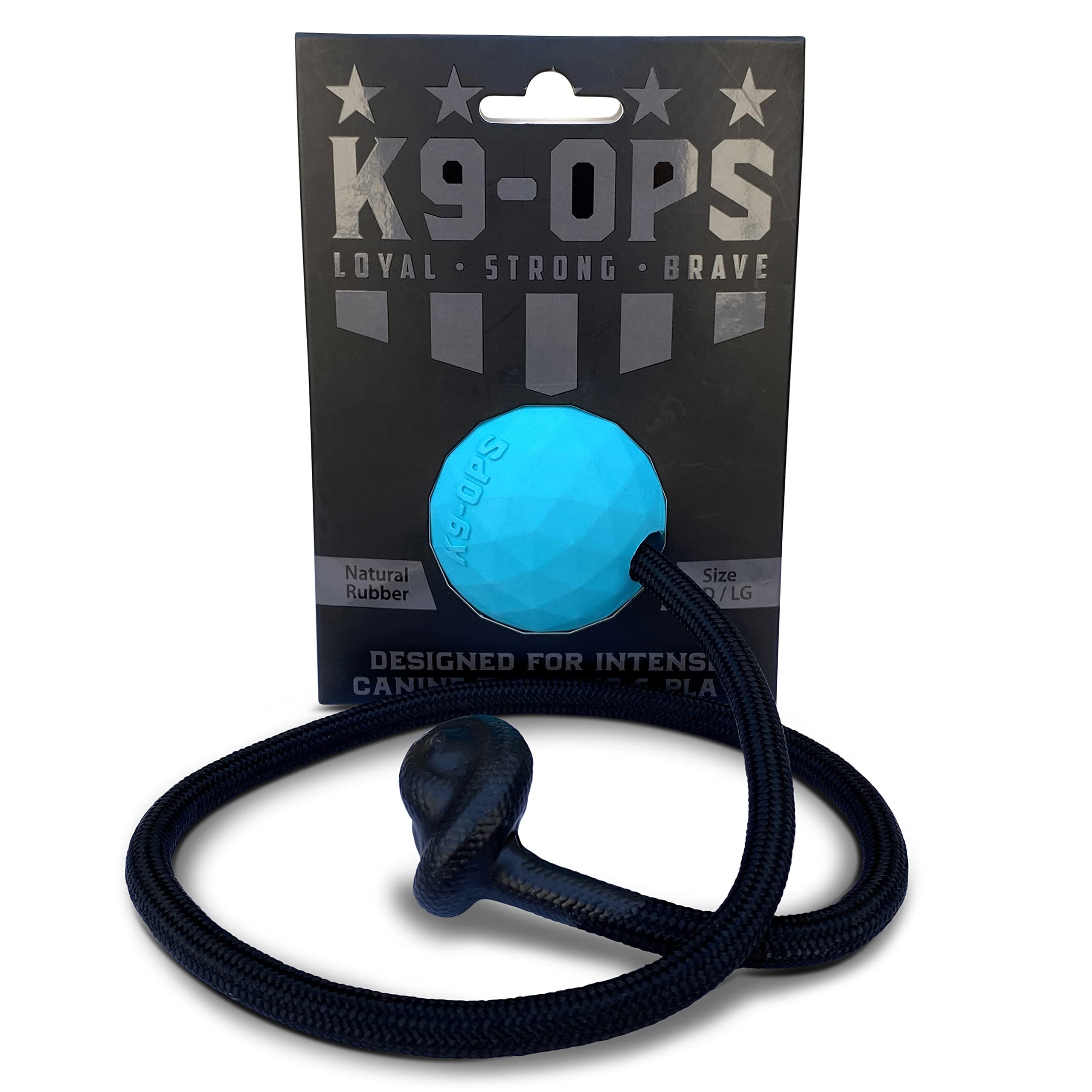 K9 Ops Dog Ball on a Rope Moki Tug Toy - Solid Rubber Fetch Training Reward - Large Dogs Tugs Durable Aggressive Chewers (Lagoon Blue, MD/LG)