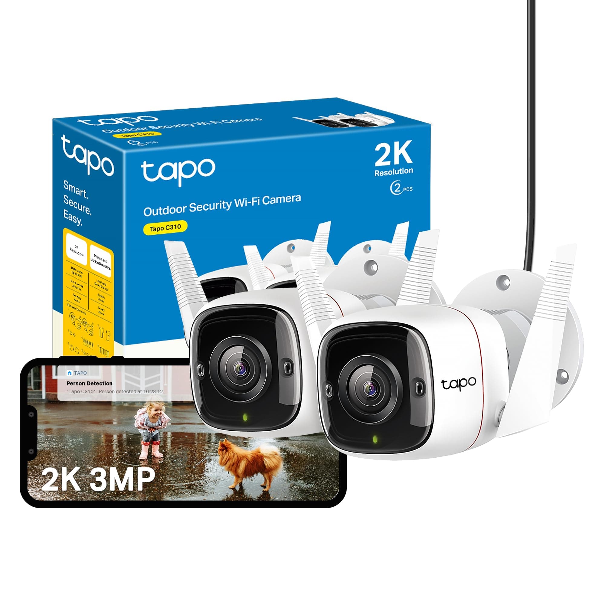 C310P2 2-Pack 2K Security Camera Outdoor Wired, Outdoor Camera No Monthly Fee, AI Detection, Advanced Night Vision, Two-Way Talk, IP66 Weatherproof, Works with Alexa & Google