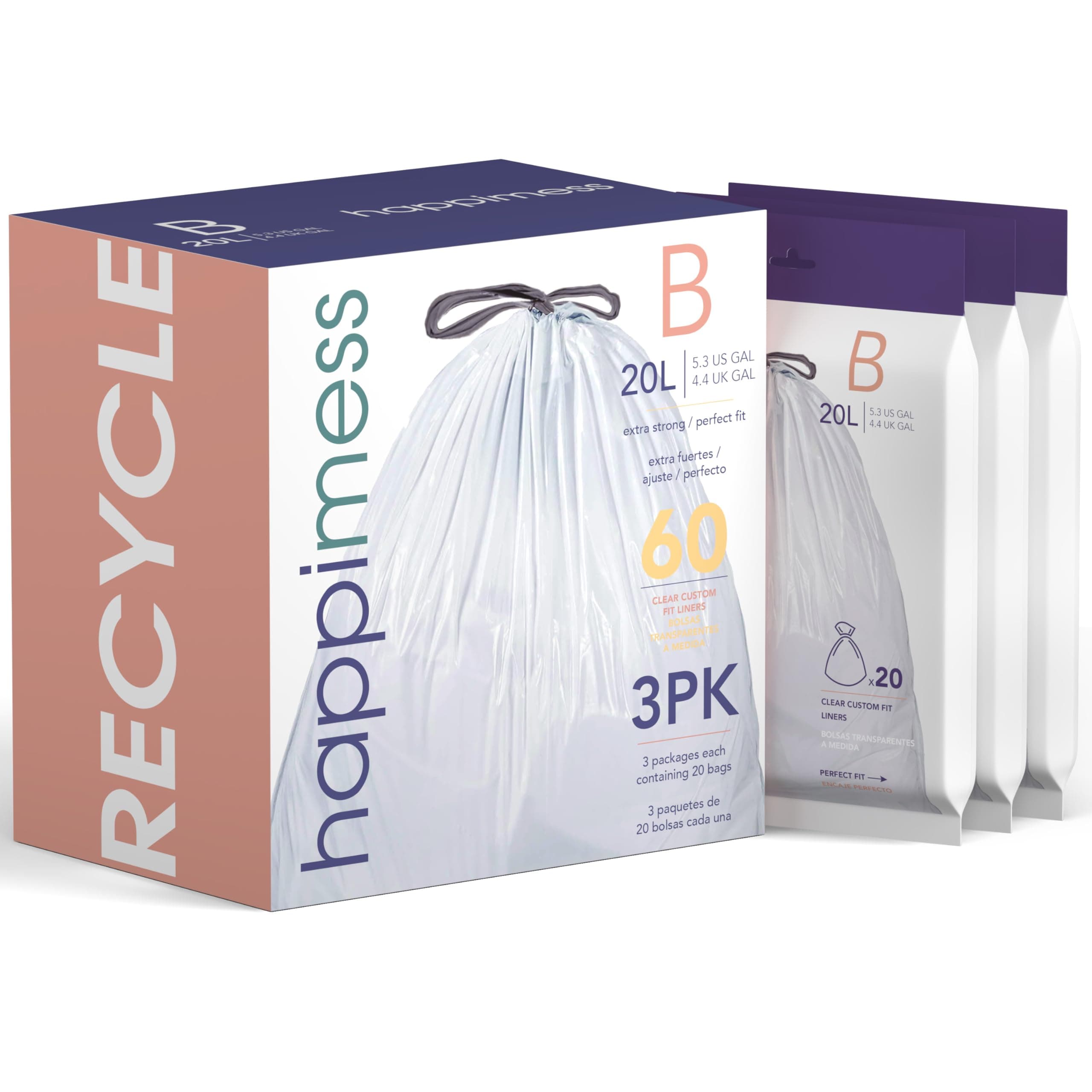 happimess HPM3000B-CLEAR 5.3 Gallon Kitchen Drawstring Trash Bags, Trash Can Liner, Clear, 60-Count, 3-Packs of 20 Liners