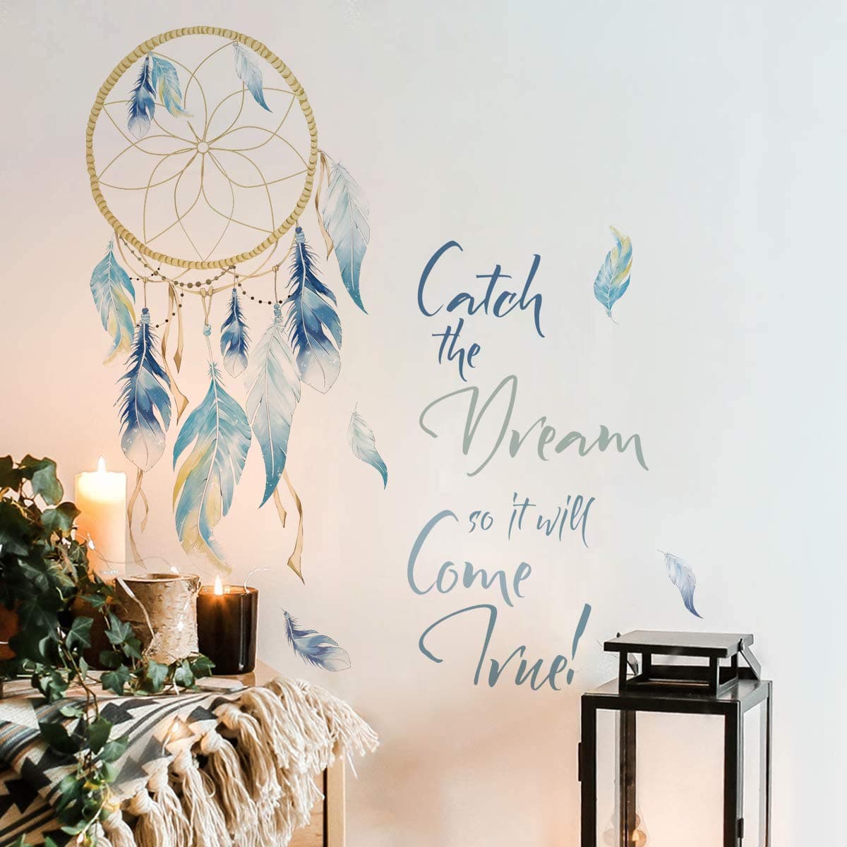 – Dream Catcher Quotes Wall Stickers Colorful Feathers Wall Art Decals Bedroom Living Room Home Decor