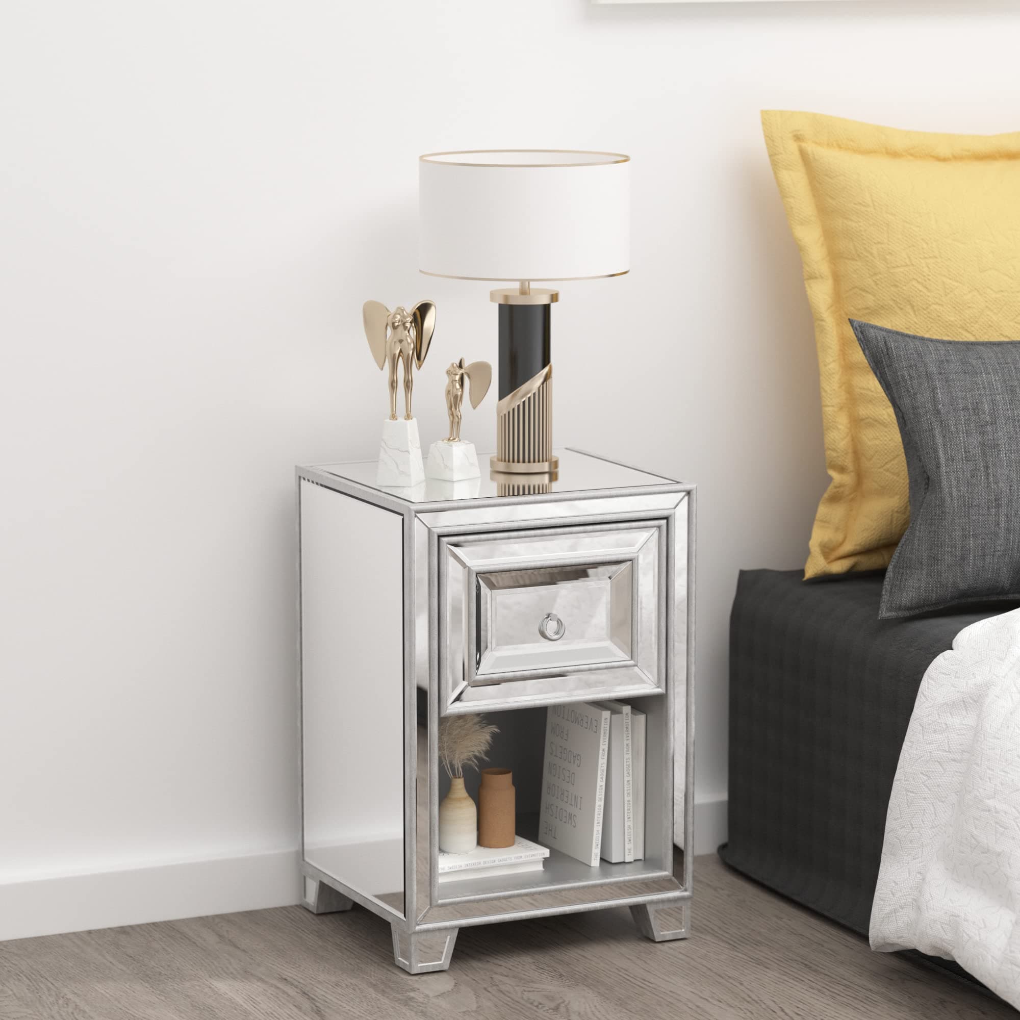 MTFY Mirrored Nightstand End Tables Bedside Table,Mirrored Accent Table with Drawer,Smooth Mirror Finish with Round Knobs for Bedroom, Living Room