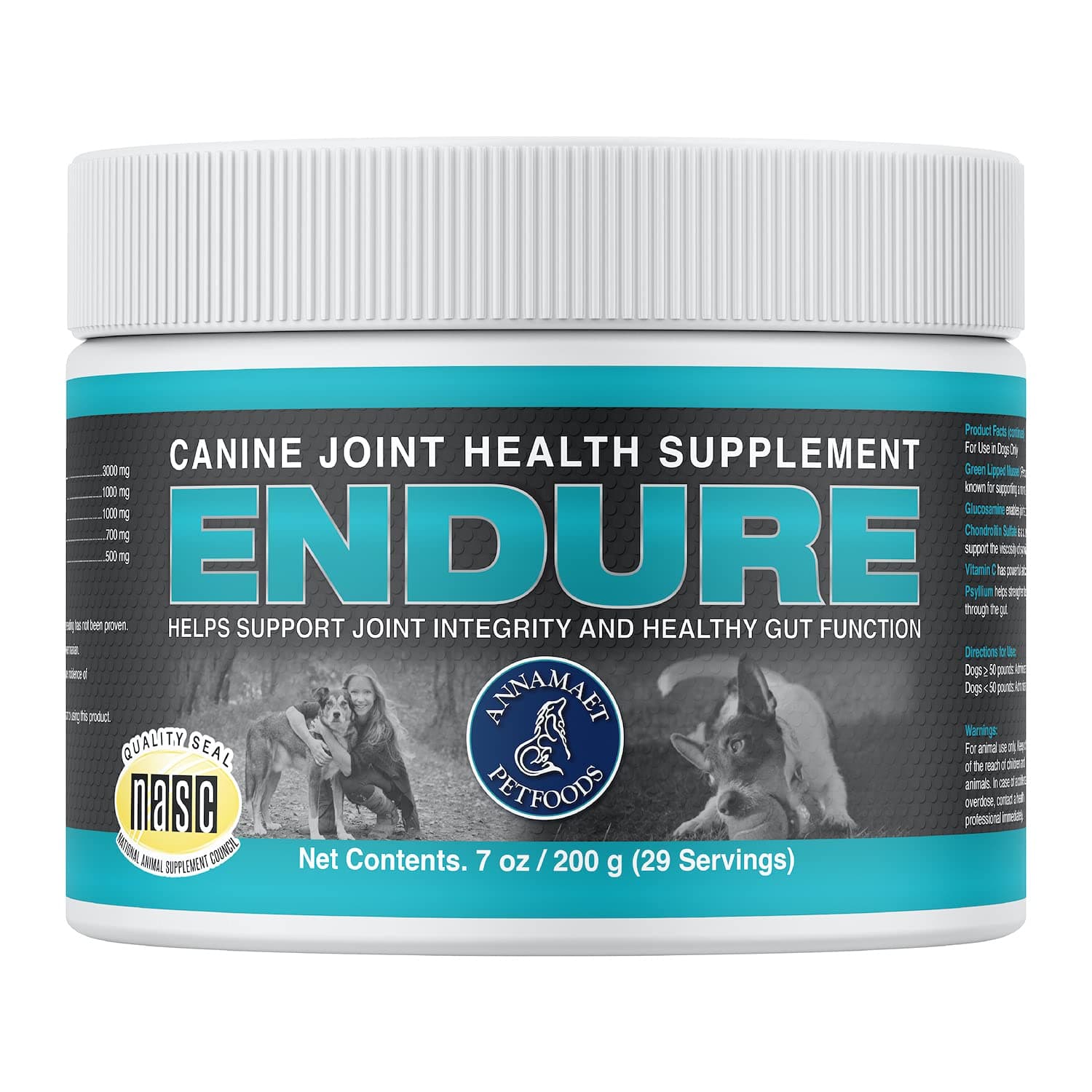 Endure – Hip & Joint Powder Supplement for Dogs – with Glucosamine, Chondroitin and Green Lipped Mussel for Joint Support and Psyllium for Gut Health - 200 g