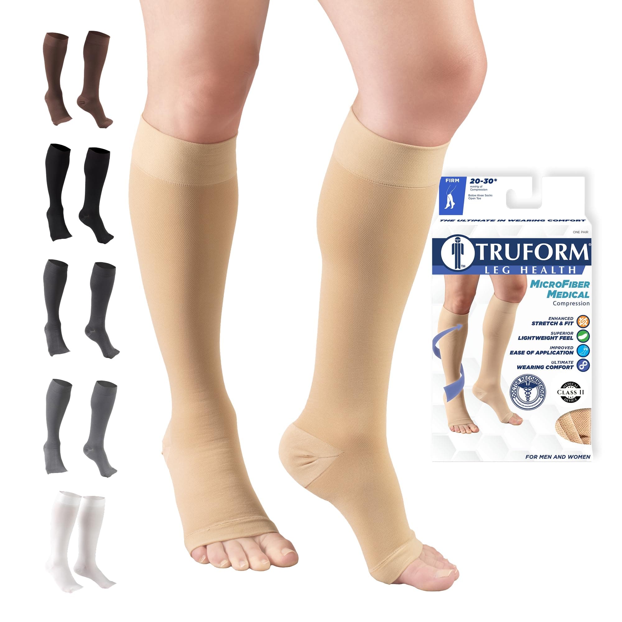 20-30 mmHg Compression Stockings for Men and Women, Knee High Length, Open Toe, Beige, Large