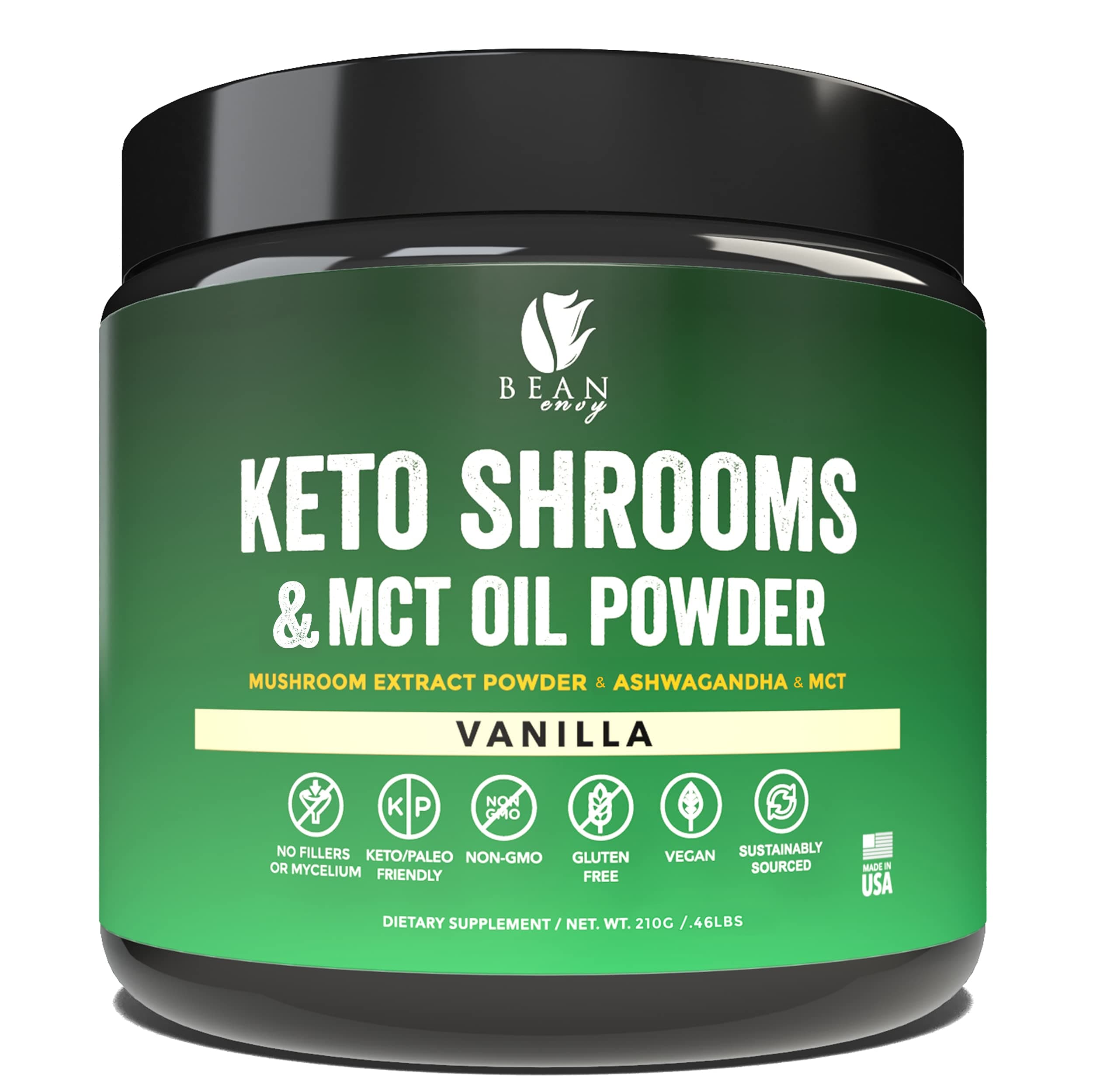 Bean Envy Mushroom Powder - Keto Shrooms Mushroom Blend of Lion's Mane, Reishi, Chaga, Cordyceps and Shiitake w/MCT & Ashwagandha - Gluten-Free, Vegan and Keto-Friendly, Vanilla