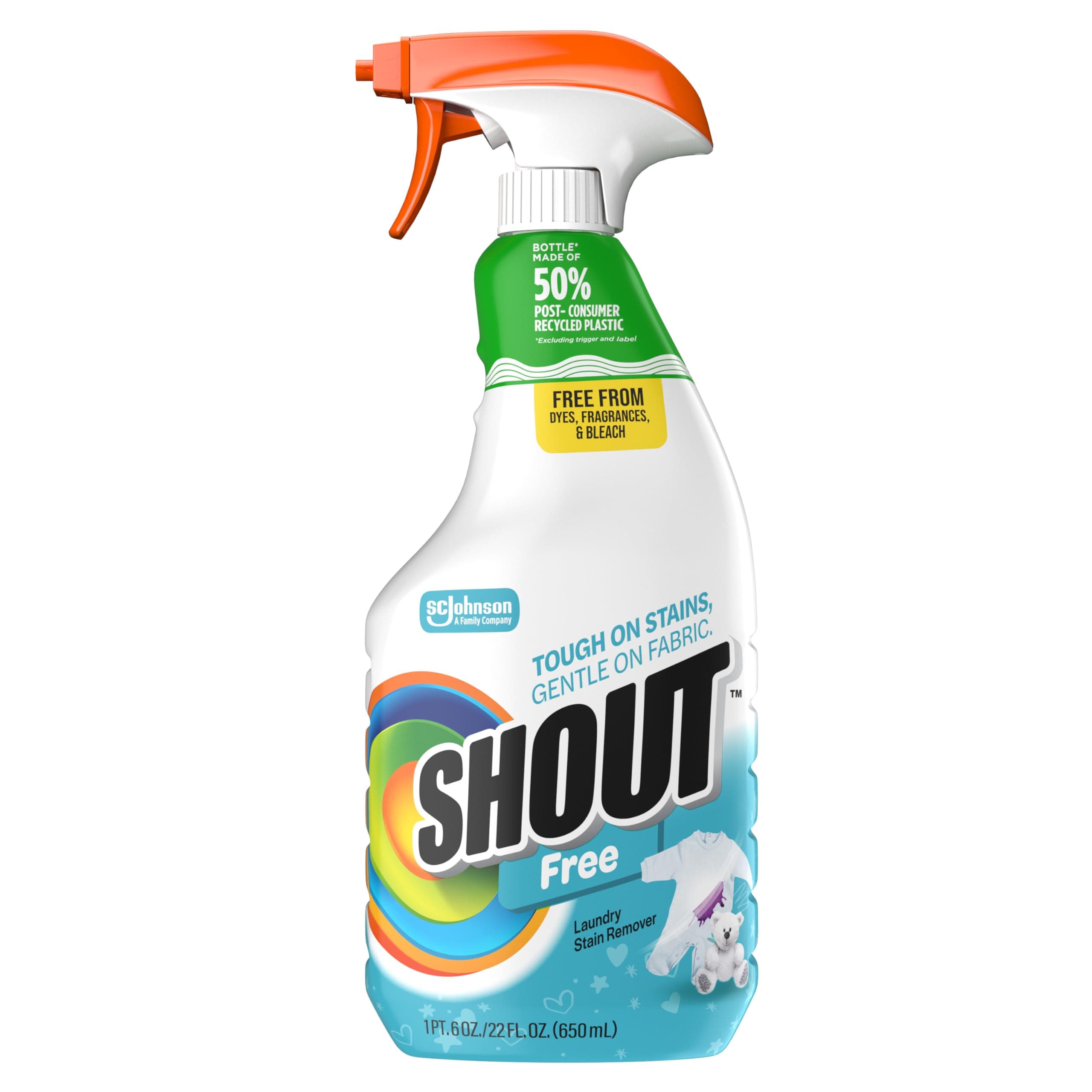 Shout Free Laundry Stain Remover Spray, Active Enzyme Formula is Fragrance, Bleach, and Dye Free, Removes Everyday Stains including Baby Stains - 22oz Spray
