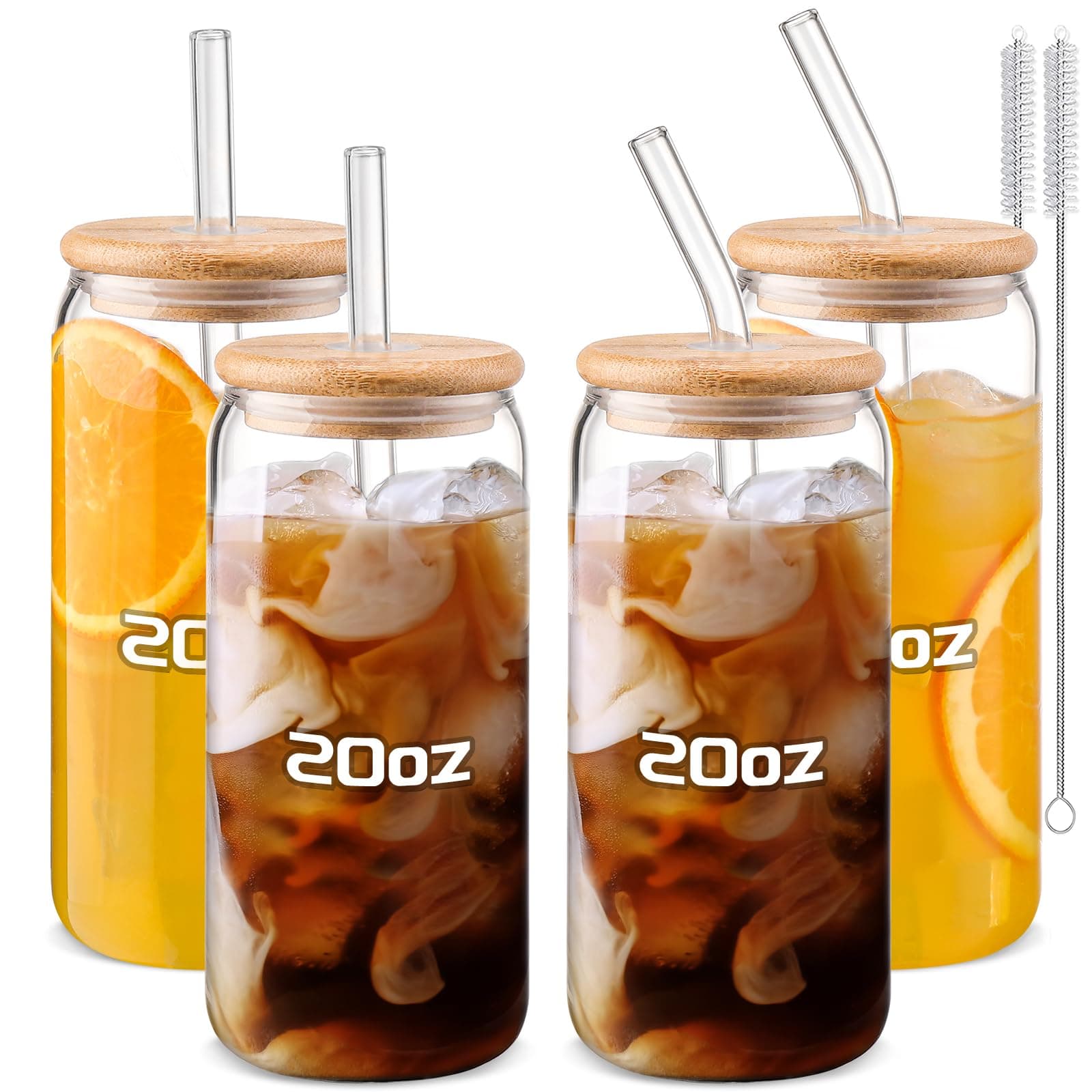DWTS DANWEITESI Glass Cups with Pattern “20oz”,Glass Cups with Lids and Straws 4pcs-DWTS Coffee Cups,Drinking Glasses Set,Glass Tumbler with Straw and lid Gift 2 Cleaning Brushes