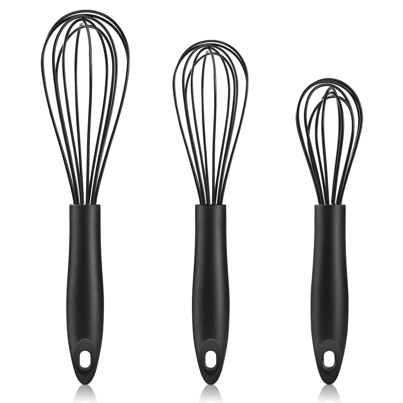 Silicone Whisk,Heat Resistant Non Scratch Whisks Set of 3,Stainless Steel & Silicone Wisk for Cooking,Kitchen Whisk For Nonstick Cookware,Balloon Egg Whisk Perfect for Blending,Beating,Frothing-Black