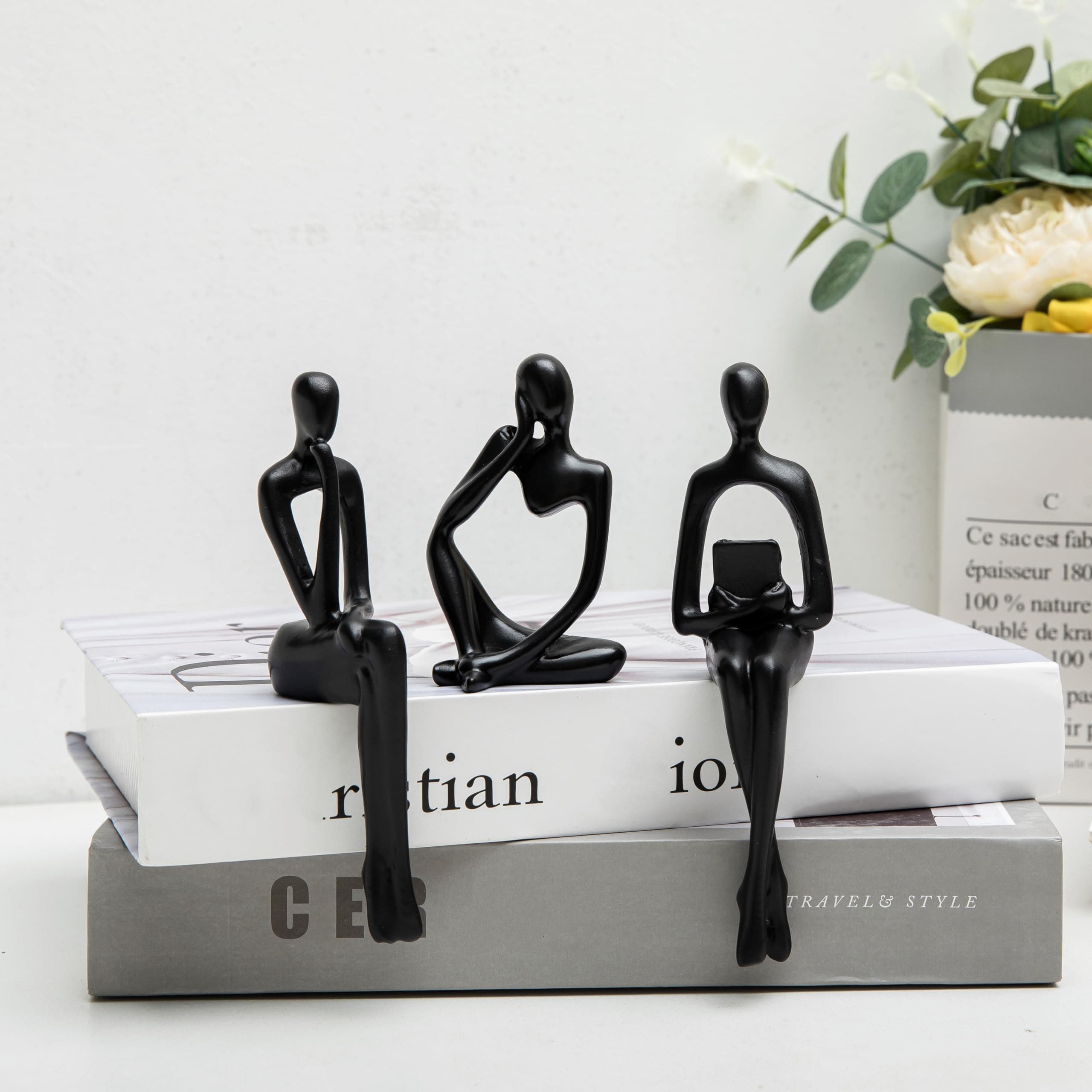 Home Decor Thinker Statue Accents, Set of 3 Thinker Sculptures Office Decor Modern Abstract Resin Decoration on Shelf Table Desk for Living Room Office Bedroom (Small Black)