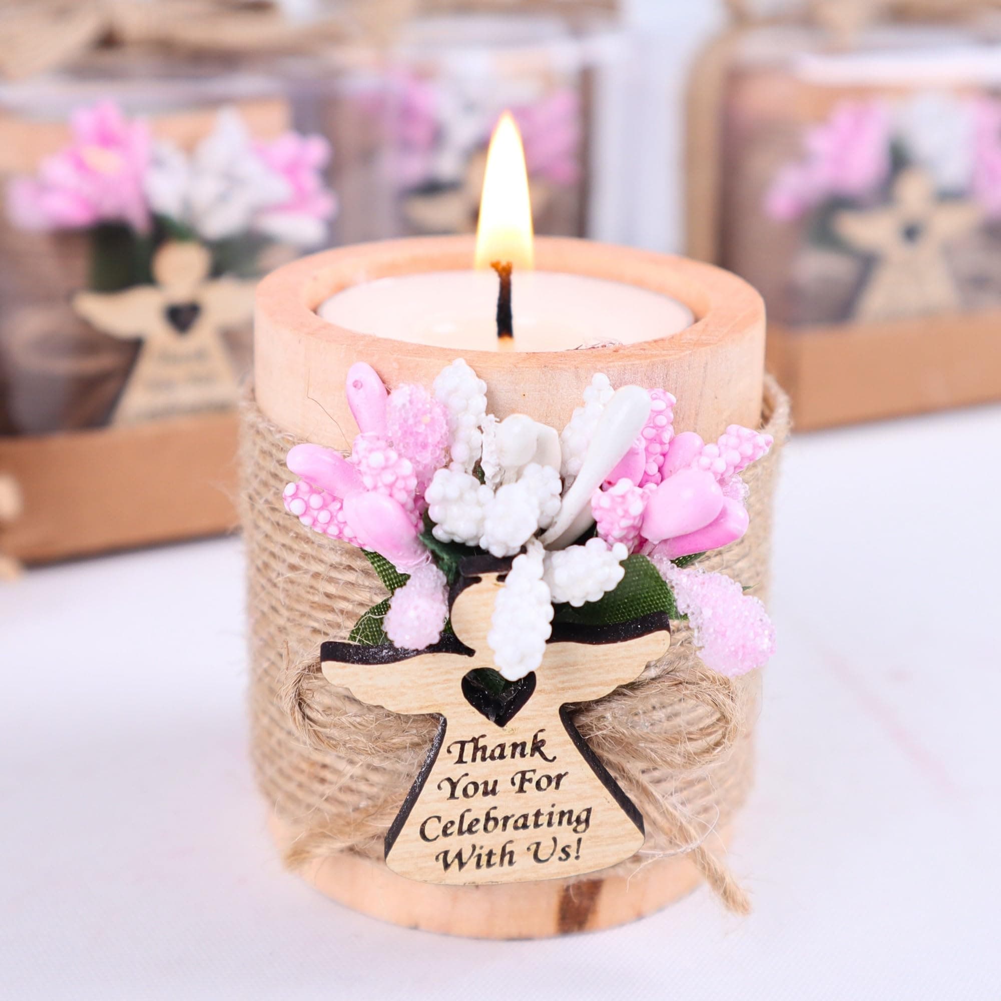 HTF Pack of 5-10-15...100 Bulk Wood Tealight Candle Holder Baptism Party Favors, First Communion Favors, Baptism Favors, Sweet 16, Quinceanera Party Favor (Baptism Pink, Light Brown)