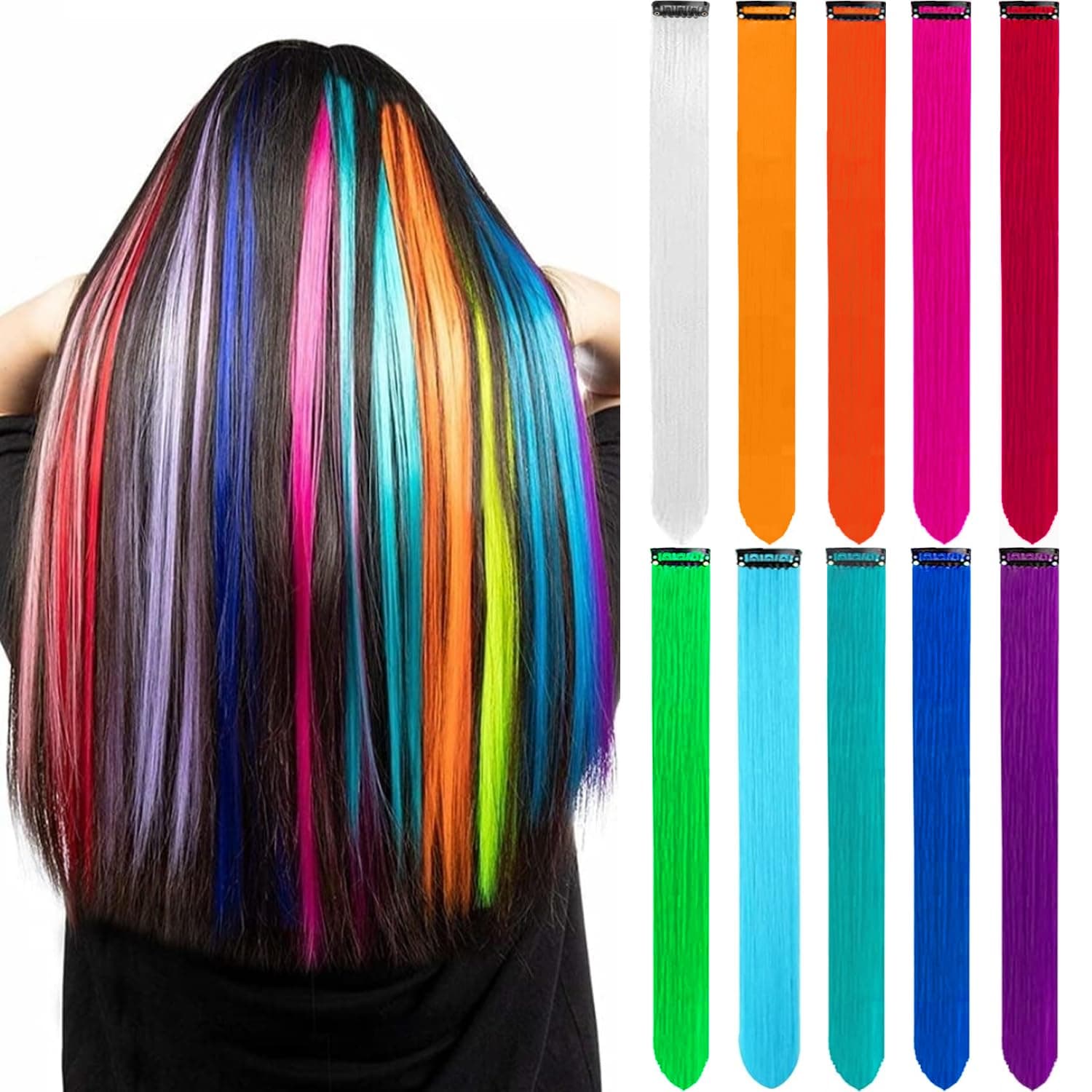 Colored Hair Extensions 10 PCS, Colorful Clip in Synthetic Hair Extensions Party Highlights, Rainbow Long Straight Hairpieces for Girls Women Cosplay Gifts(22 Inch)