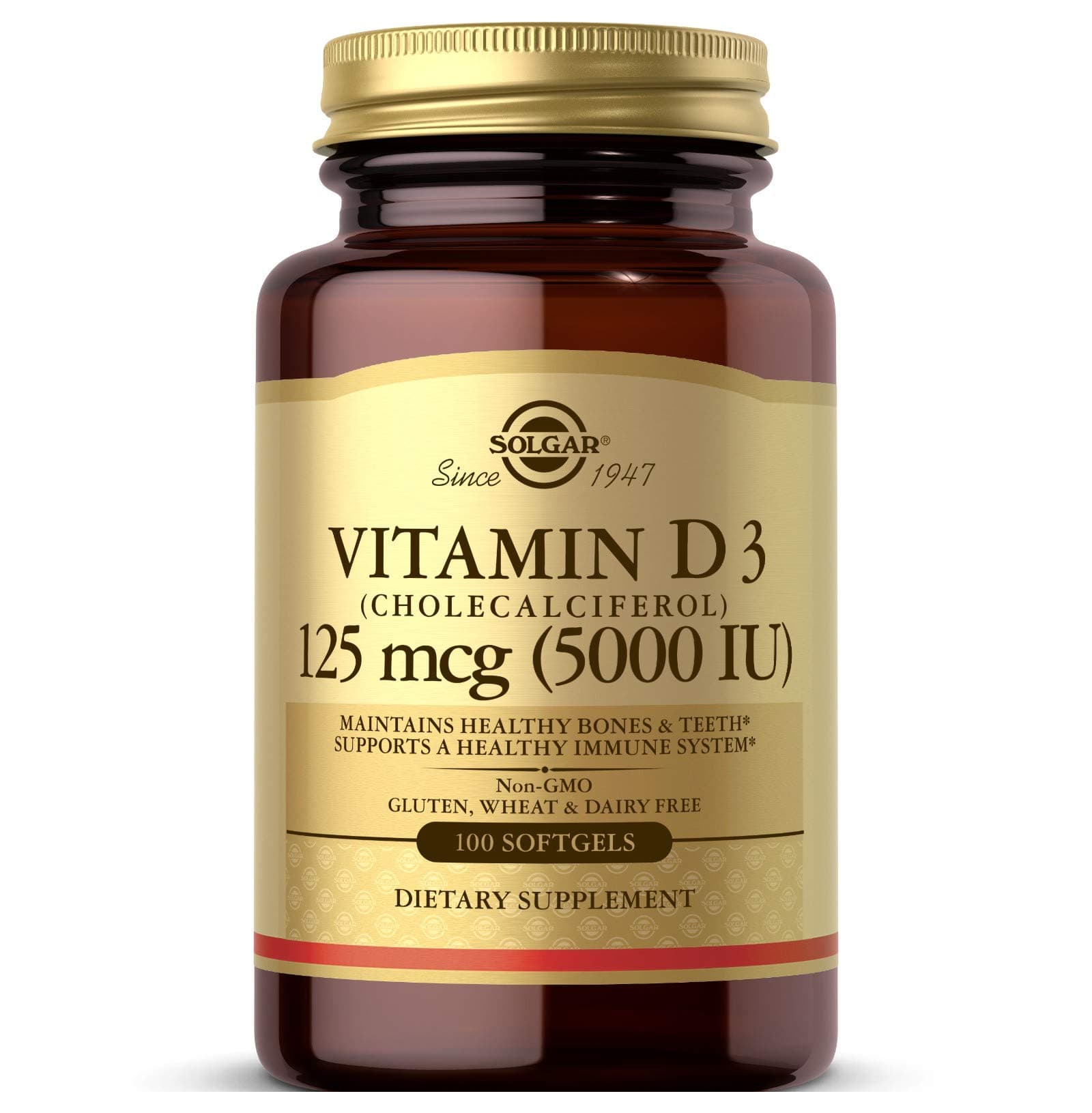 Vitamin D3 (Cholecalciferol) 125 MCG (5000 IU), 100 Softgels - Helps Maintain Healthy Bones & Teeth - Immune System Support - Non GMO, Gluten-Free, Dairy Free - 100 Servings