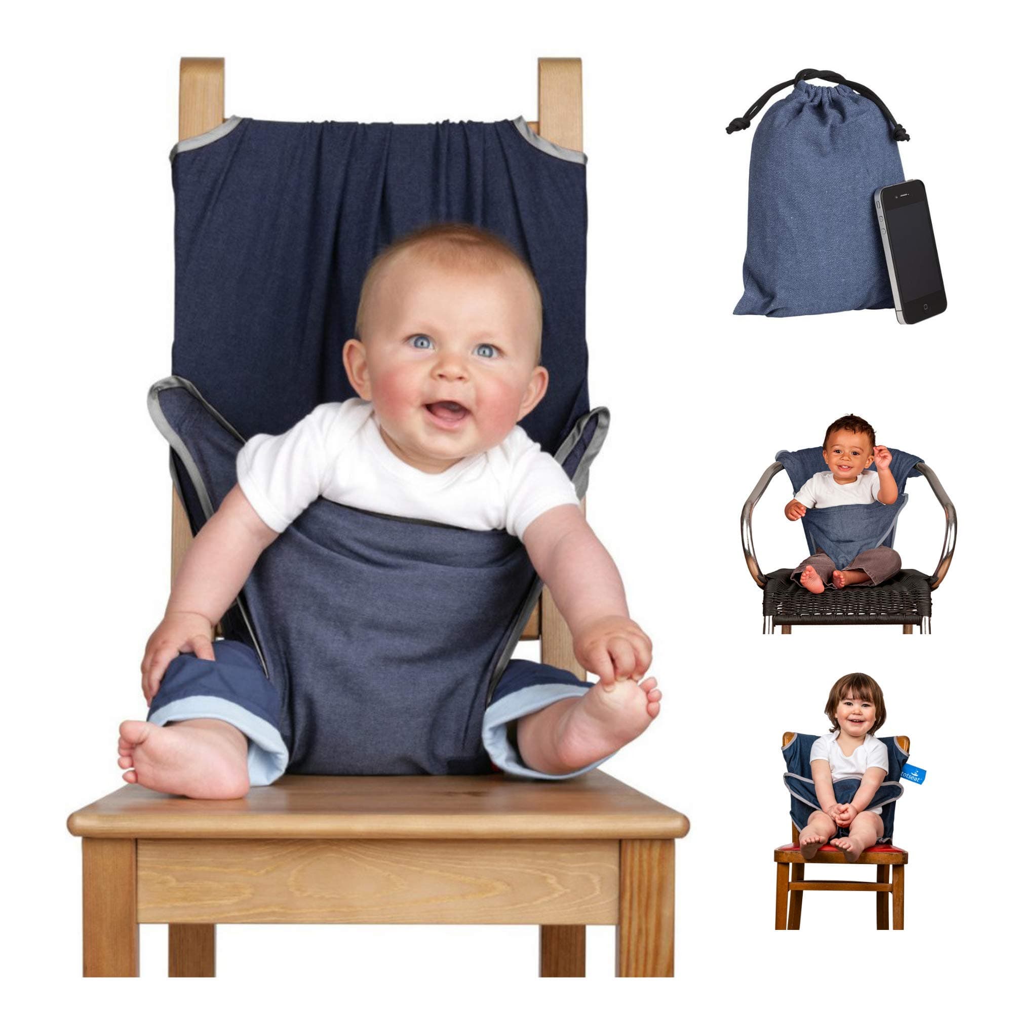Totseat Chair Harness: The Washable and Squashable Travel High Chair in Denim