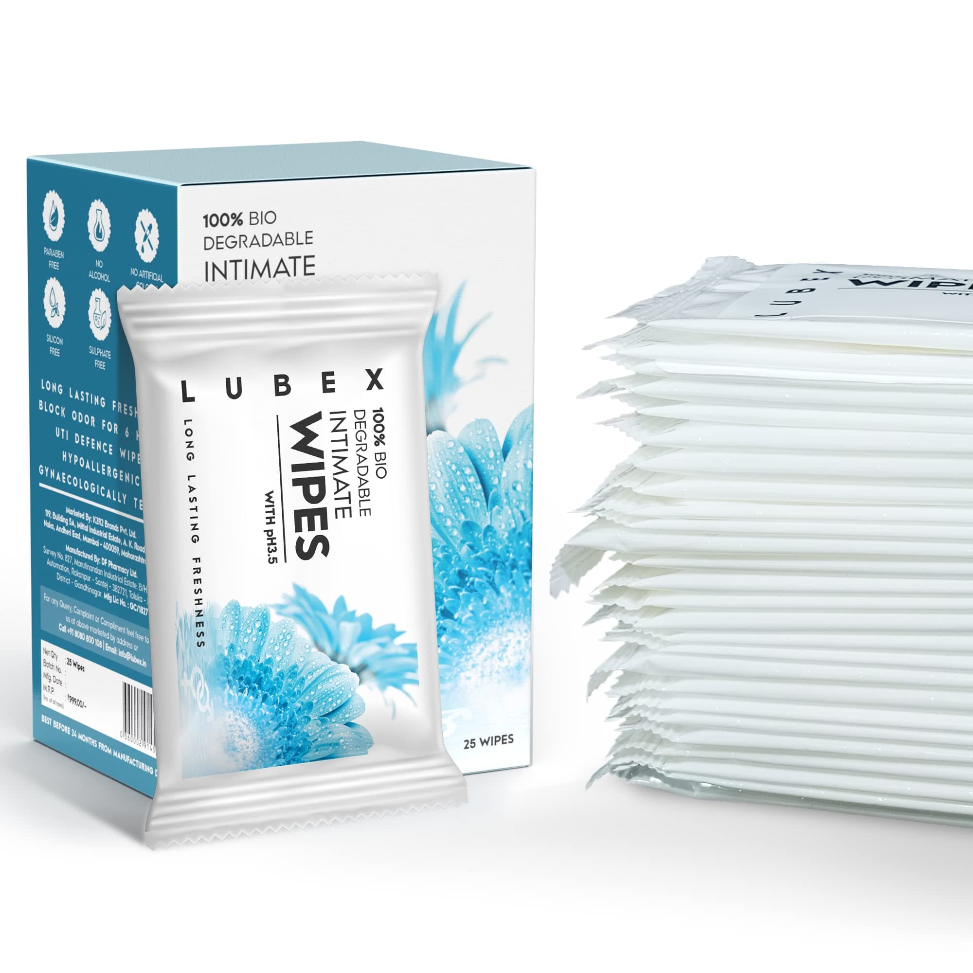 LUBex Safe Feminine cleansing wipes Pre/Post intimacy cleaning made with natural Aloe Vera, Tea Tree & Vitamin E - 25 count (individual pack)