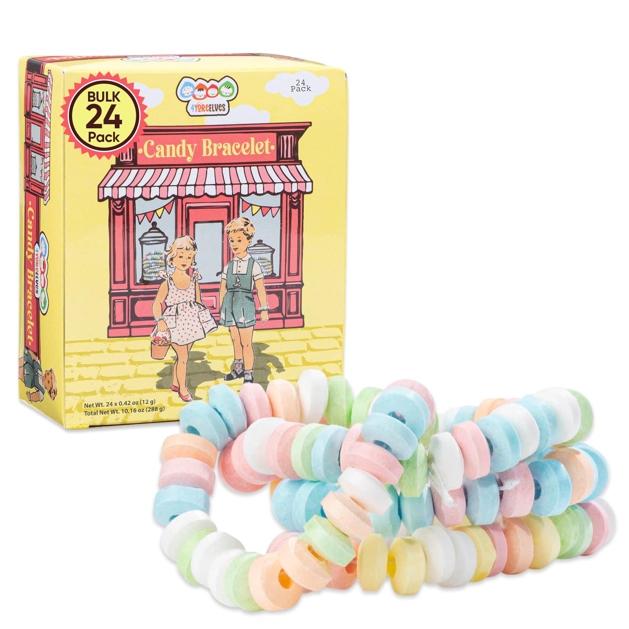 24 Candy Bracelets Individually Wrapped, Vintage Easter Candy Jewelry for Kids, The Perfect Pastel Addition to your Buffet, Princess-Themed Party or Goody Bags, by 4YoreElves, Pack of 24x0.42oz