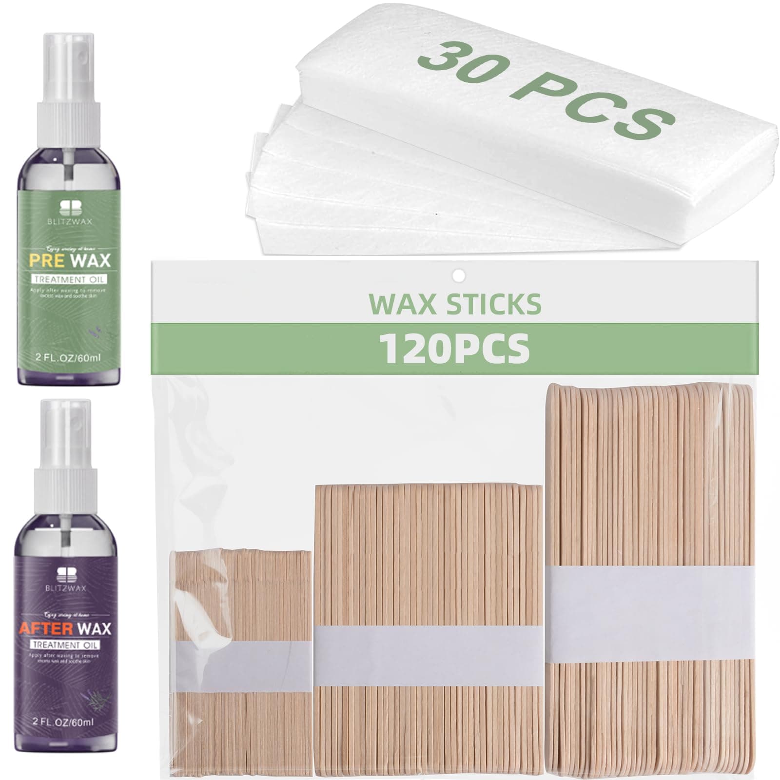 Wax Kits with 120pcs Wooden Sticks for Hard Wax Hair Removal, Eyebrow Large and Small Applicators for Face, Body, and Lip, with 30 Wax Papers and Oils, Ideal for Women’s At-Home Waxing