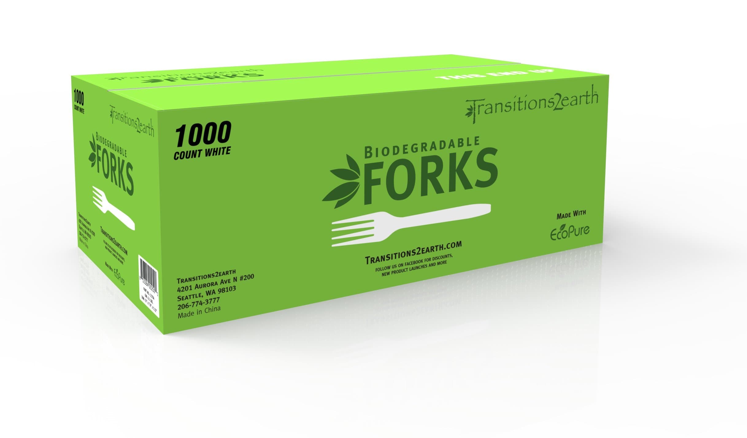Transitions2earth Biodegradable EcoPure Economy LIGHTWEIGHT Forks - Box of 1000 - Earth-Friendly, BPA-Free, Heat Resistant, Reycable Utensils