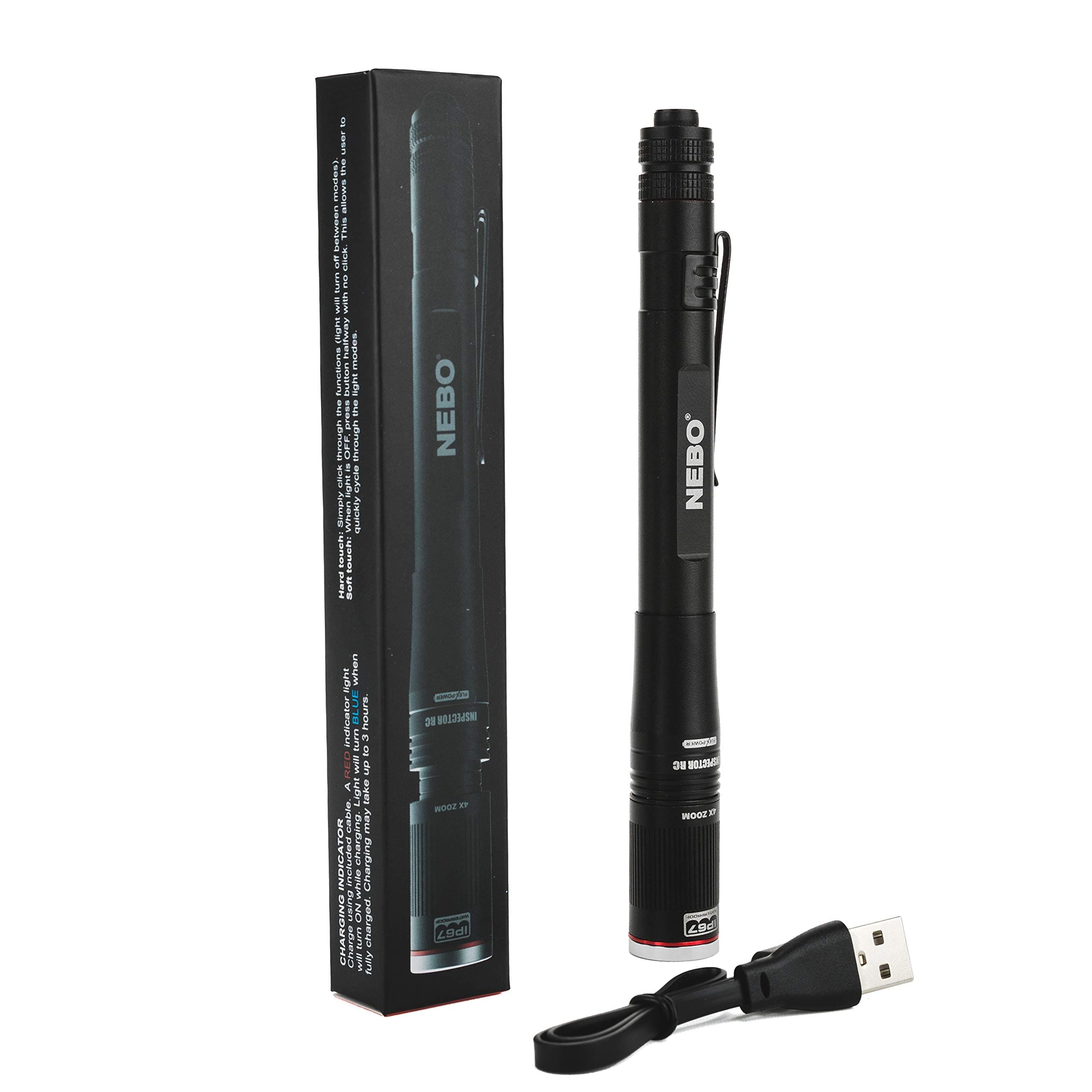 Rechargeable Pen Light Flashlight 360-Lumens: NEBO Inspector Rechargeable Flashlights features FLEX Power, meaning it can be operated by the included rechargeable battery or by 2x AAA batteries