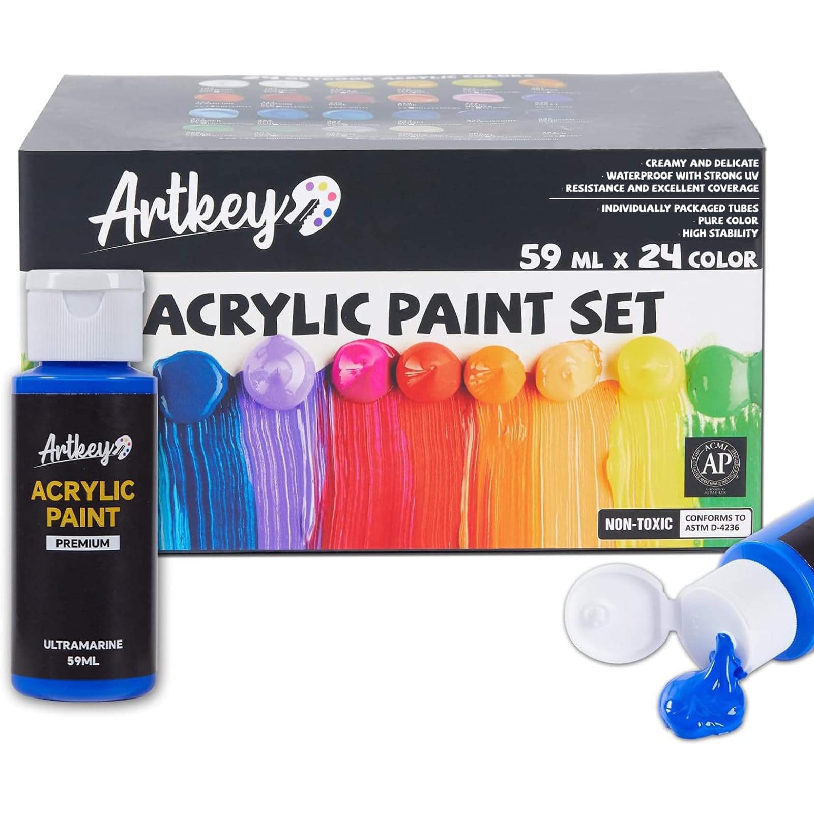 Artkey Acrylic Paint Set - 24 Colors 2oz/59ml Acrylic Paints Professional Artist Painting Kit Canvas Fabric Rock Leather Easter Eggs Wood Ceramic Glass Arts Crafts Painting