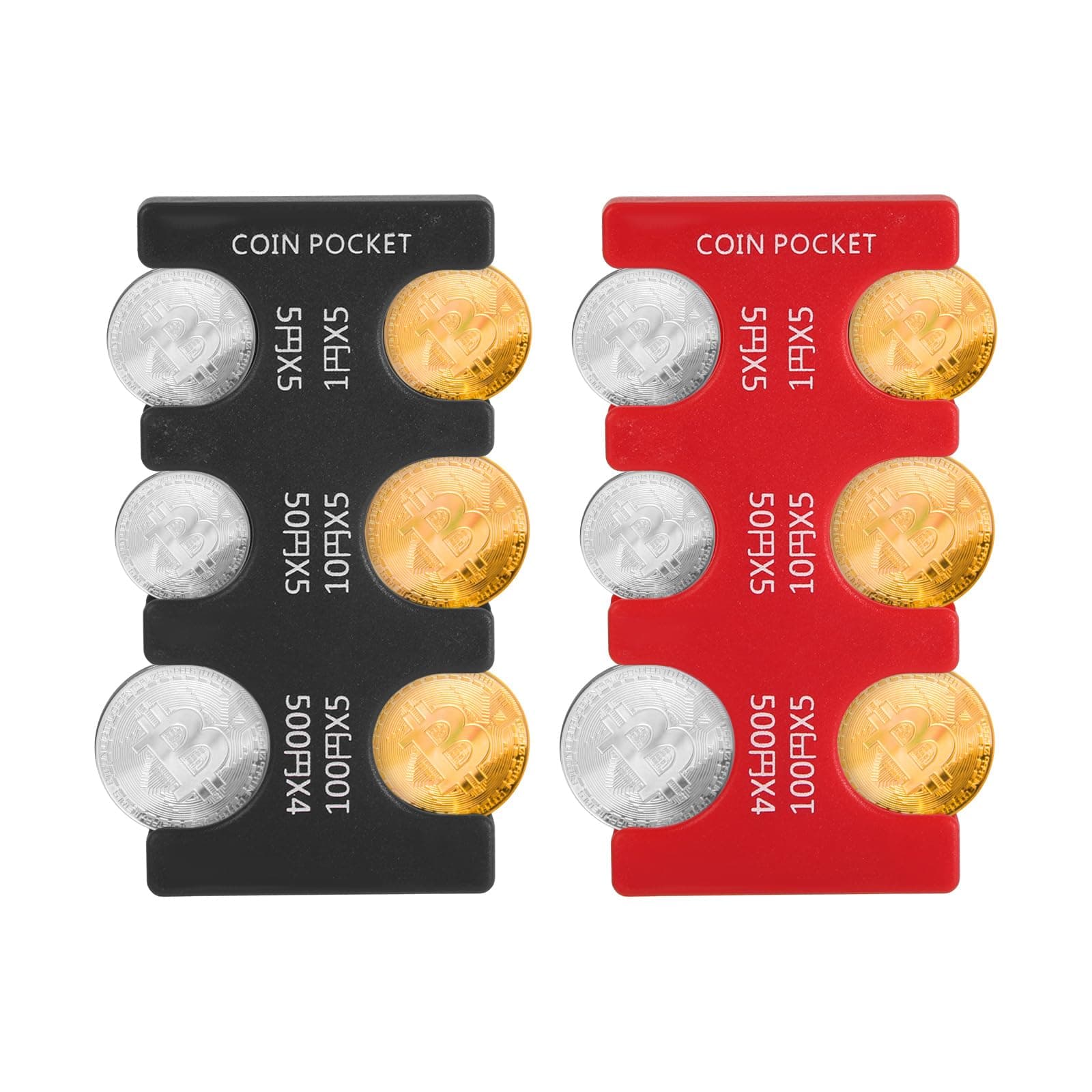 2pcs Japanese Yen Coin Holders, Coin Dispenser with 6 Slots Rectangle Plastic Hard Case Organizer and Storage Coin Sorter Collection Purse Wallet for Car Coin Change Holder, Black, Red, M
