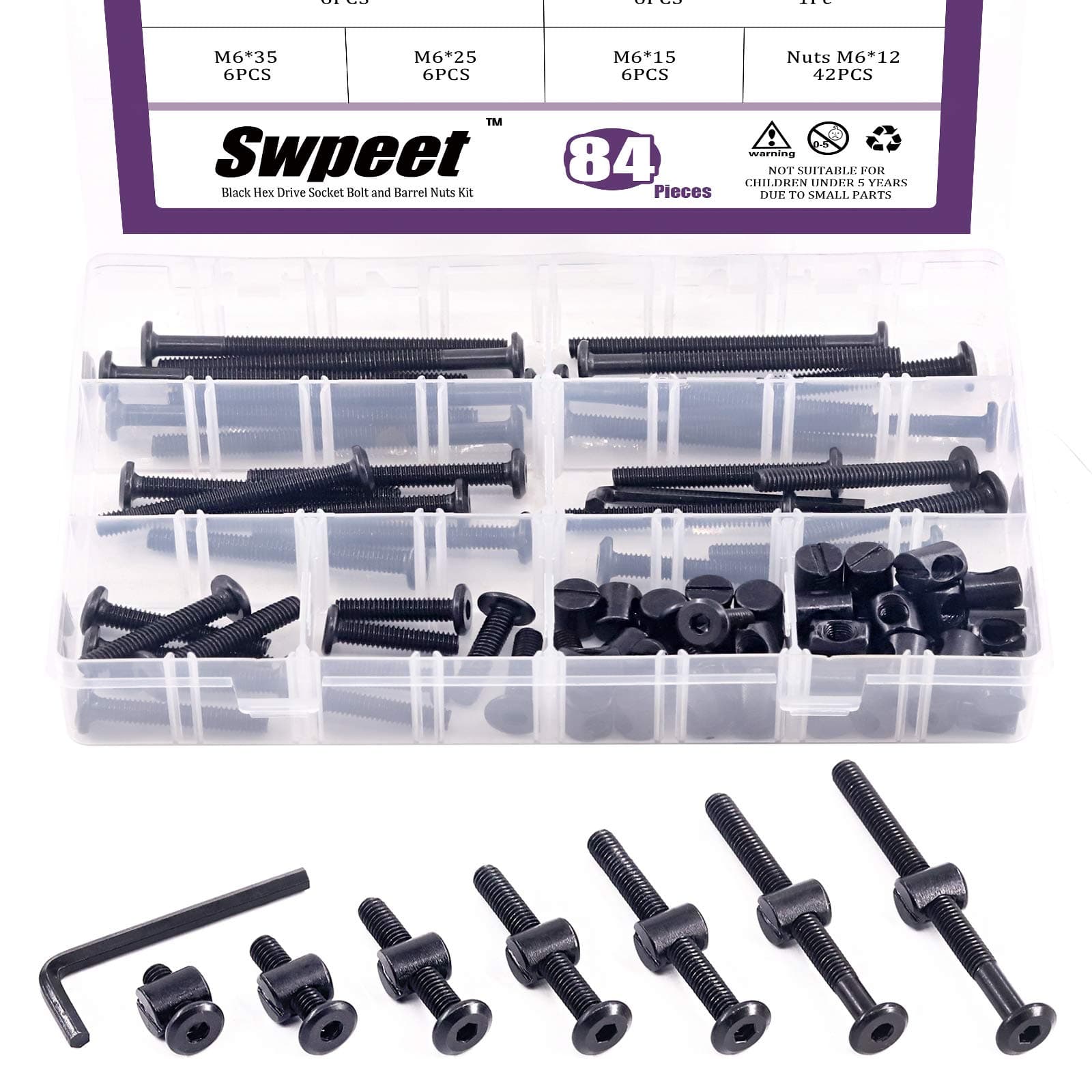 Swpeet 84Pcs Black M6 × 15/25/35/45/55/65/75Mm Crib Hardware Screws Kit, Hex Socket Head Cap Baby Bed Bolt And Barrel Nuts With 1 X Allen Wrench Perfect For Furniture, Cots,