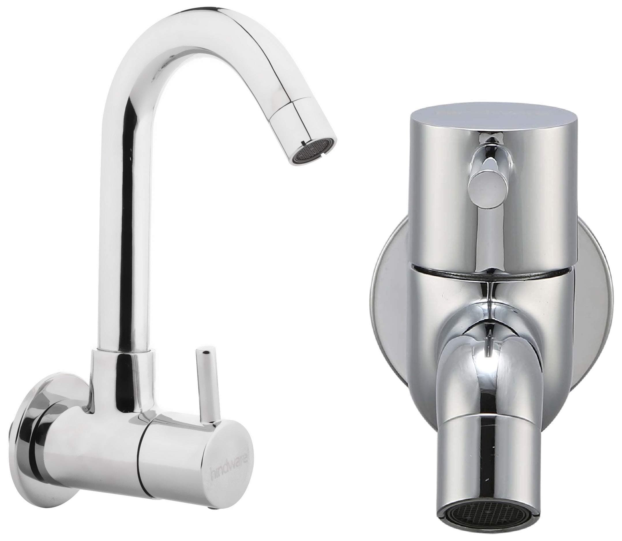Hindware F280026CP Sink Cock with Extended Swivel Spout Wall Mounted (Flora) with Chrome Finish & Hind Ware F280002CP Bib Cock (Flora) with Chrome Finish