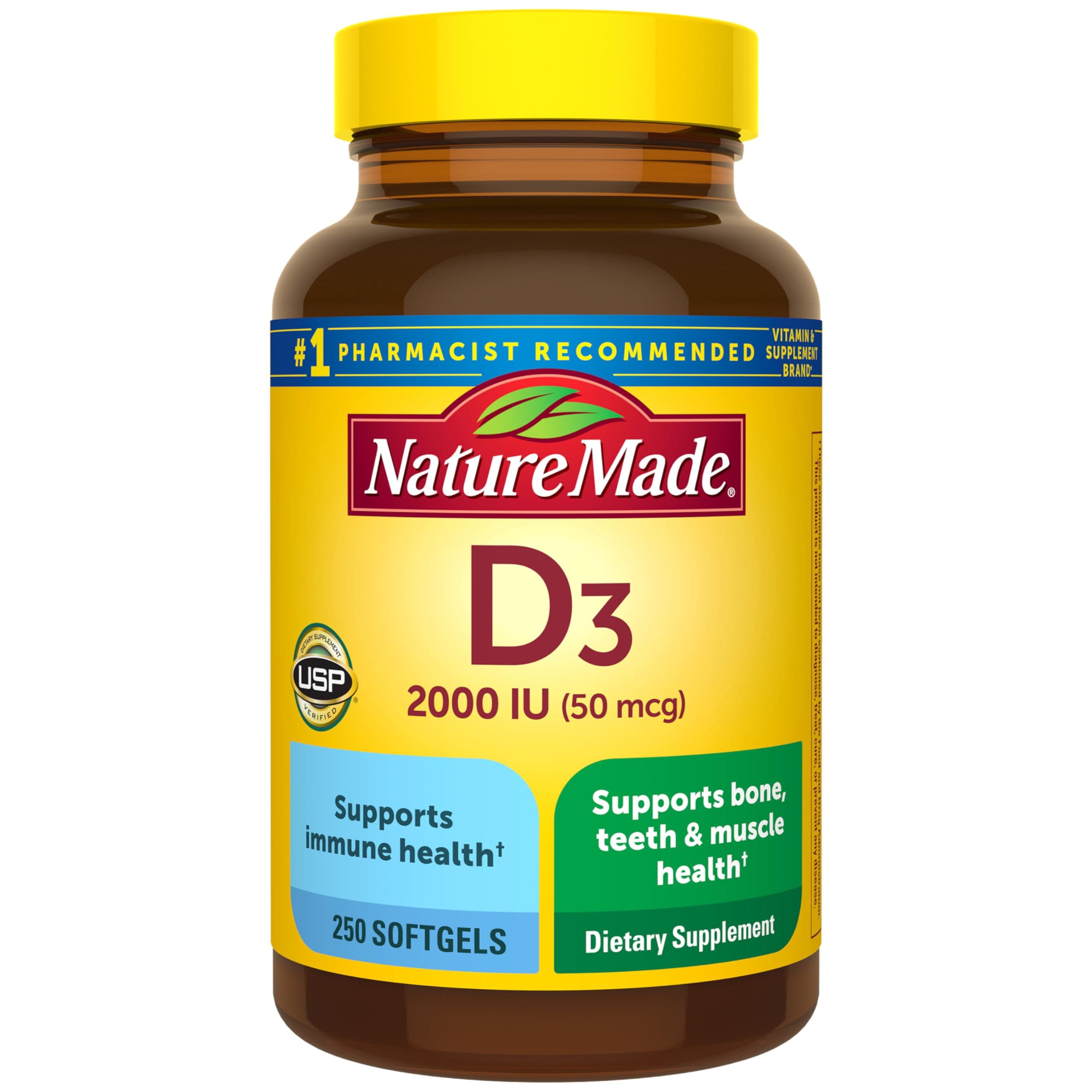 Vitamin D3 2000 IU (50 mcg), Dietary Supplement for Bone, Teeth, Muscle and Immune Health Support, 250 Softgels, 250 Day Supply