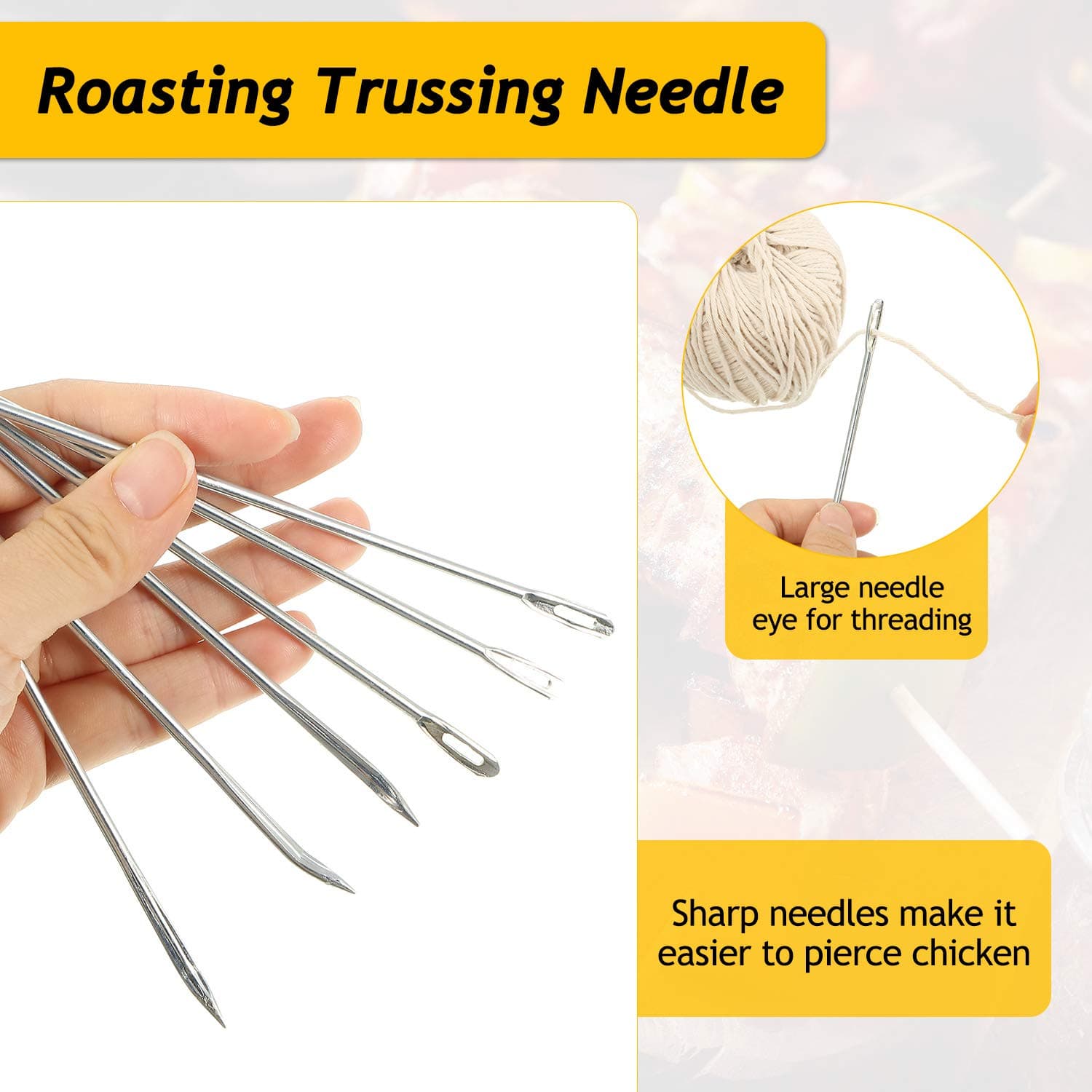 WILLBOND 6-Piece Stainless Steel Sharp Pointed Silver Meat Trussing Needles for Securing Stuffed Turkey, Chicken, Roasts and Rolled Meats