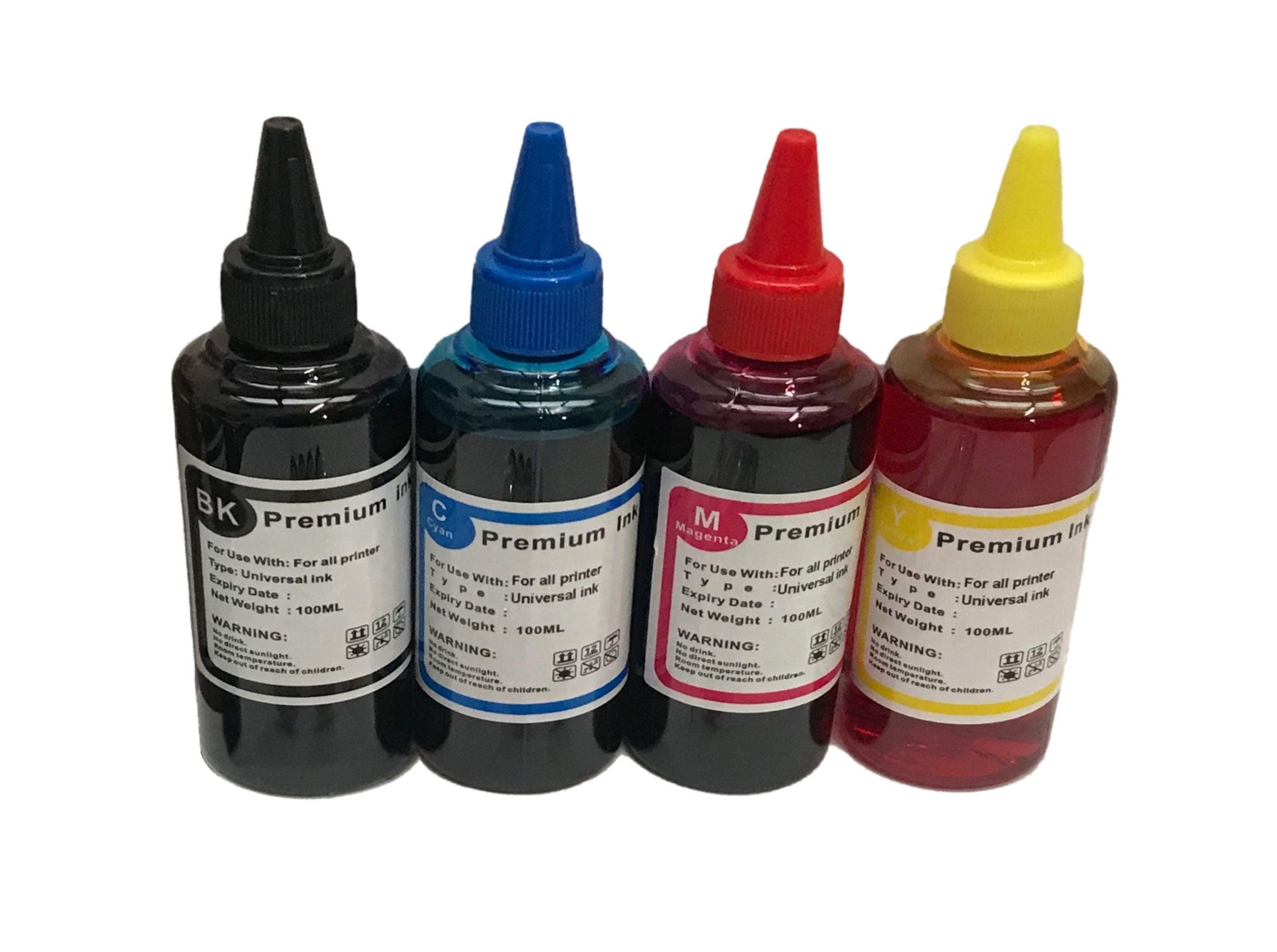 Universal Bulk Ink Refills Compatible with Epson HP Brother Canon Lexmark Ricoh Refillable Ink Cartridge and CISS Systems Black Cyan Magenta Yellow 100ml Each Color, 4-Bottle