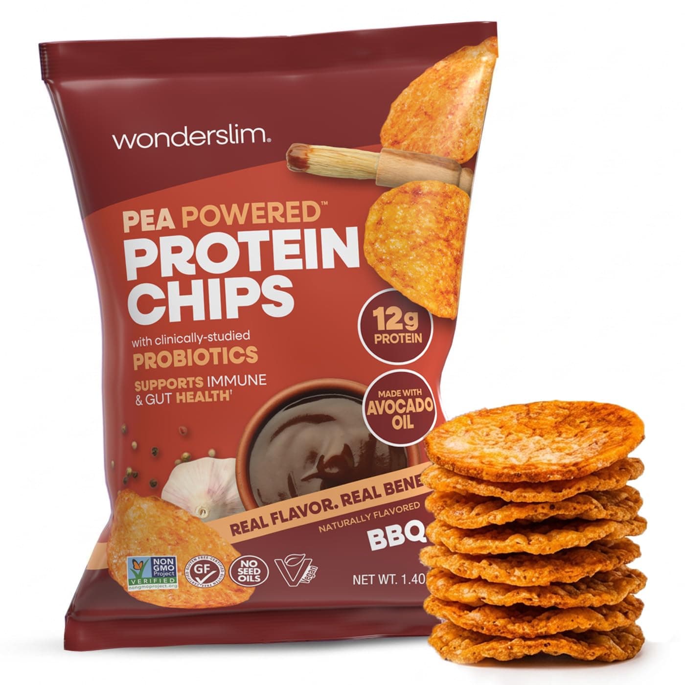 Wonderslim Protein Chips with Probiotics, BBQ | 12g Plant Protein, 170 Cal | High Protein Chips, Vegan, Gluten Free, Non-GMO | Made with Avocado Oil, No Seed Oils | 12 Pack