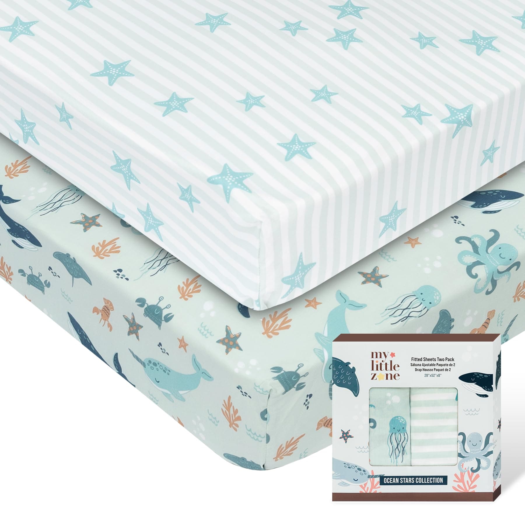 Title: My Little Zone Baby Crib Fitted Sheets Nautical - Nursery Cotton Sheets for Crib - Gender Neutral (Teal and White), 2 Pack