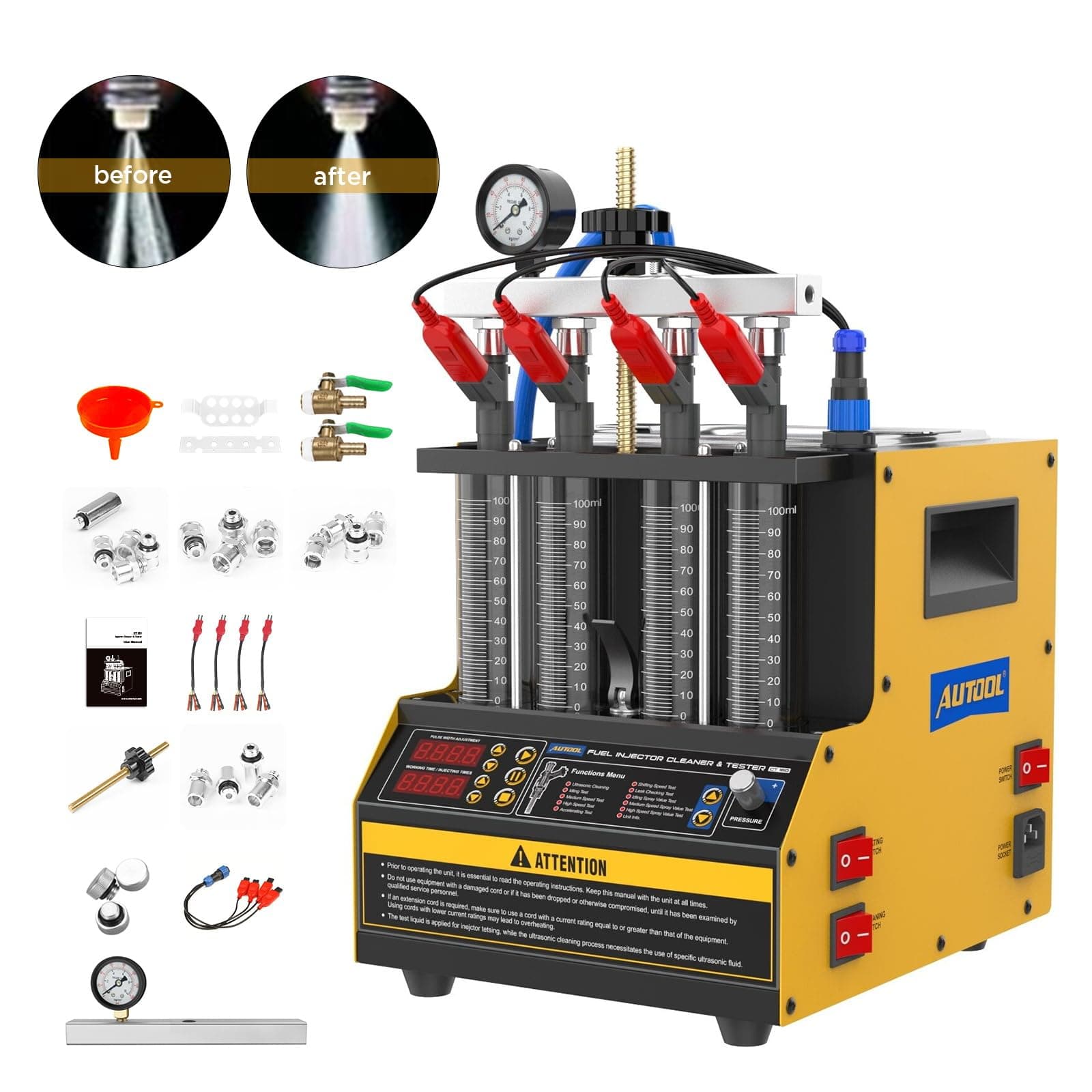 QPKING GT160 Fuel Injector Cleaner & Tester, Ultrasonic Injector Cleaning Machine 4-Cylinder, Fuel Injector Testing Machine with Heating & 11 Test Modes, for Cars & Motorcycles, 110V 220V Dual Voltage